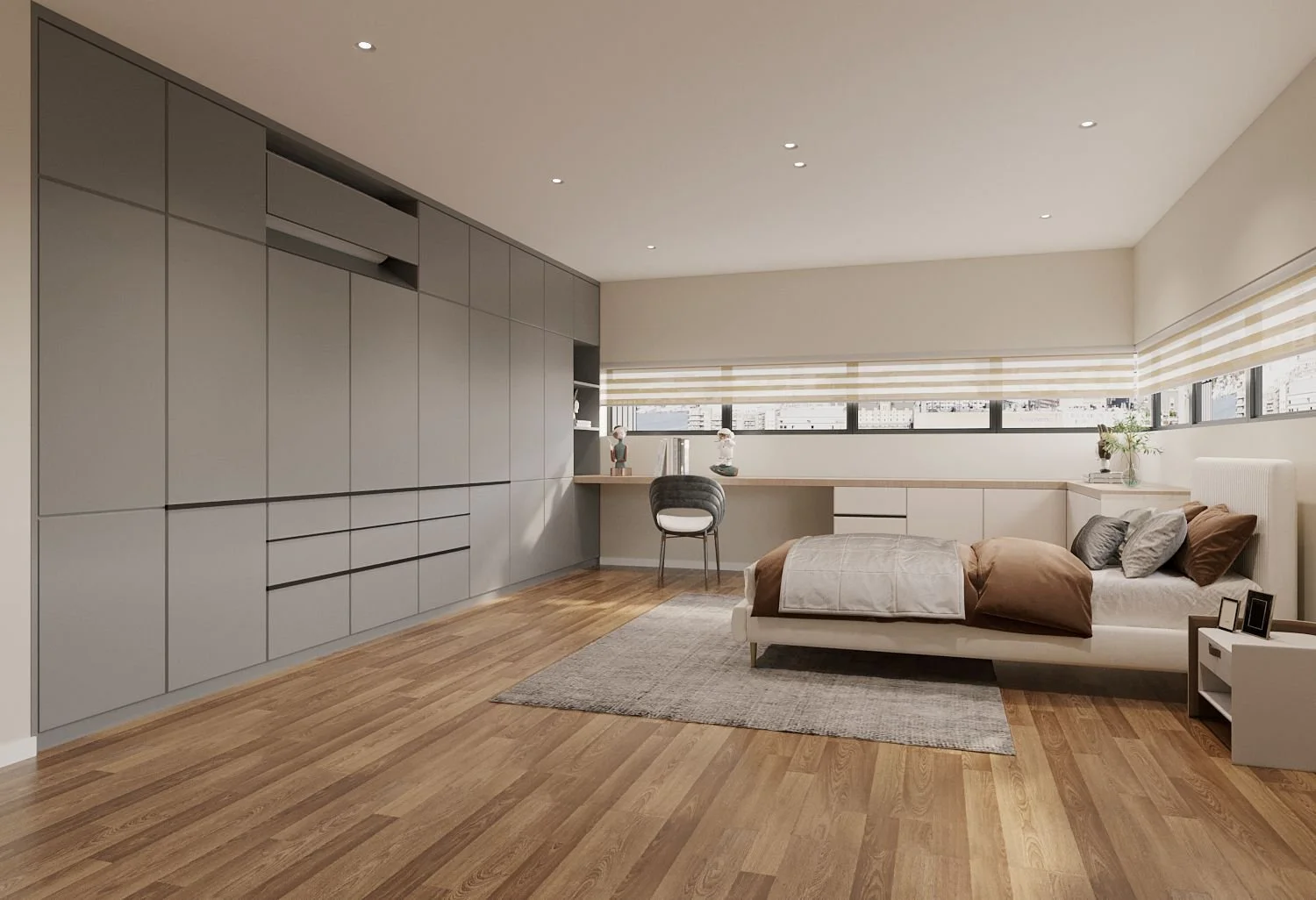 Modern son bedroom at Sunset Hill with custom carpentry, integrated study desk, smart storage solutions, and clean contemporary design tailored for functionality, comfort, and growing lifestyle needs.