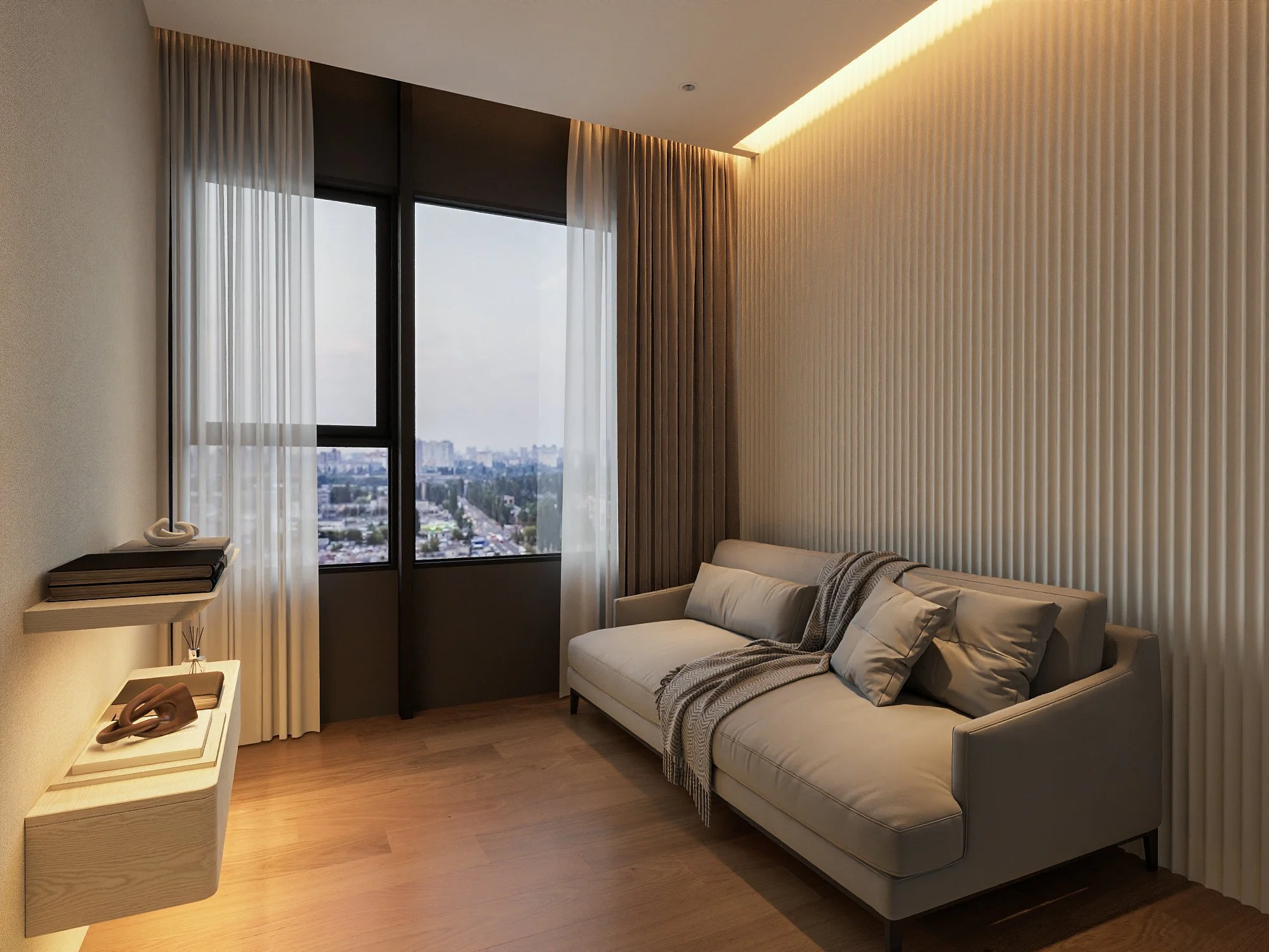 Cozy guest room in Midtown Modern condo designed with soft tones, efficient layout and practical storage solutions