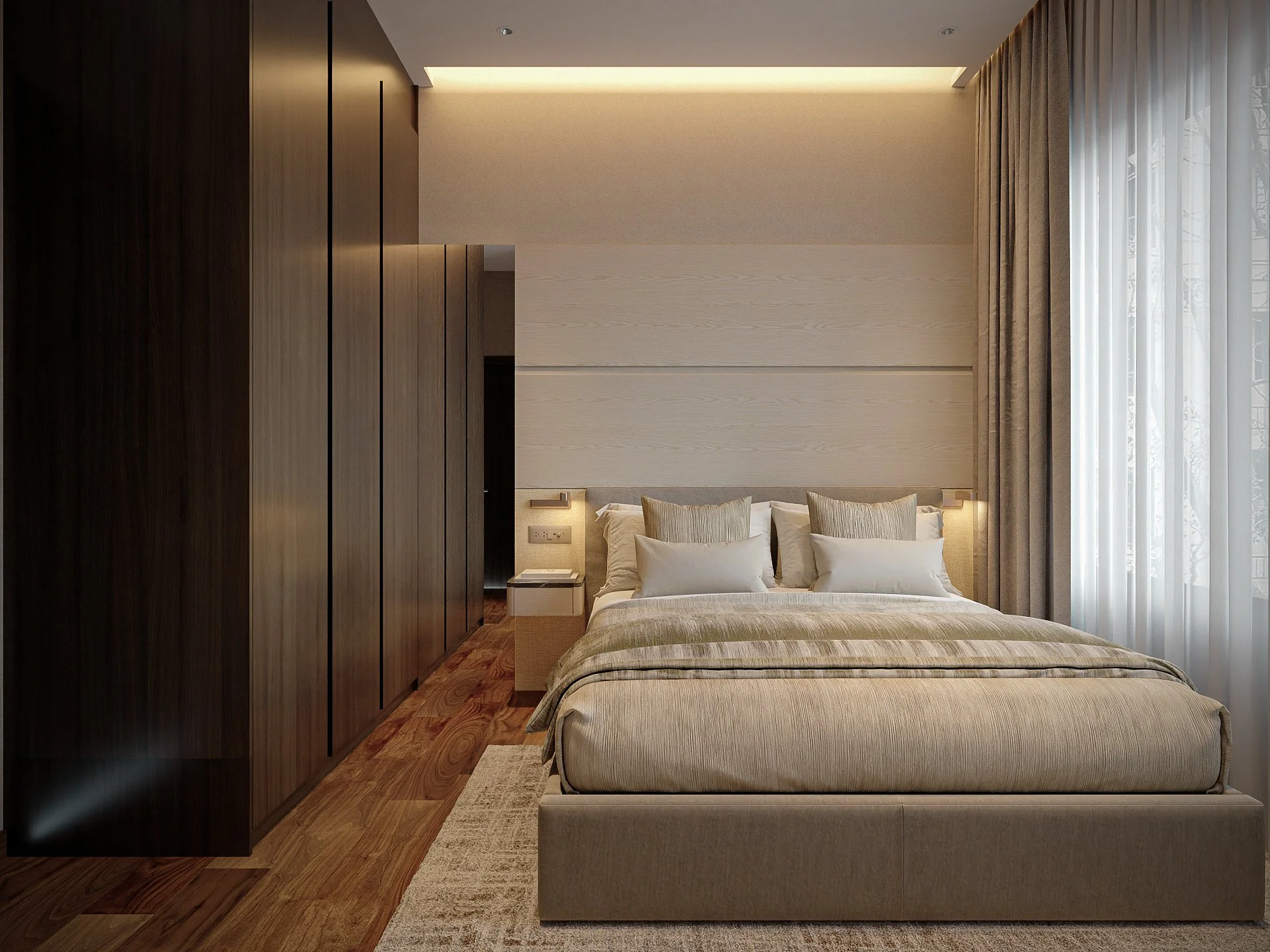 Master bedroom design at Midtown Modern Singapore with calming tones, built-in wardrobe and a clean modern aesthetic