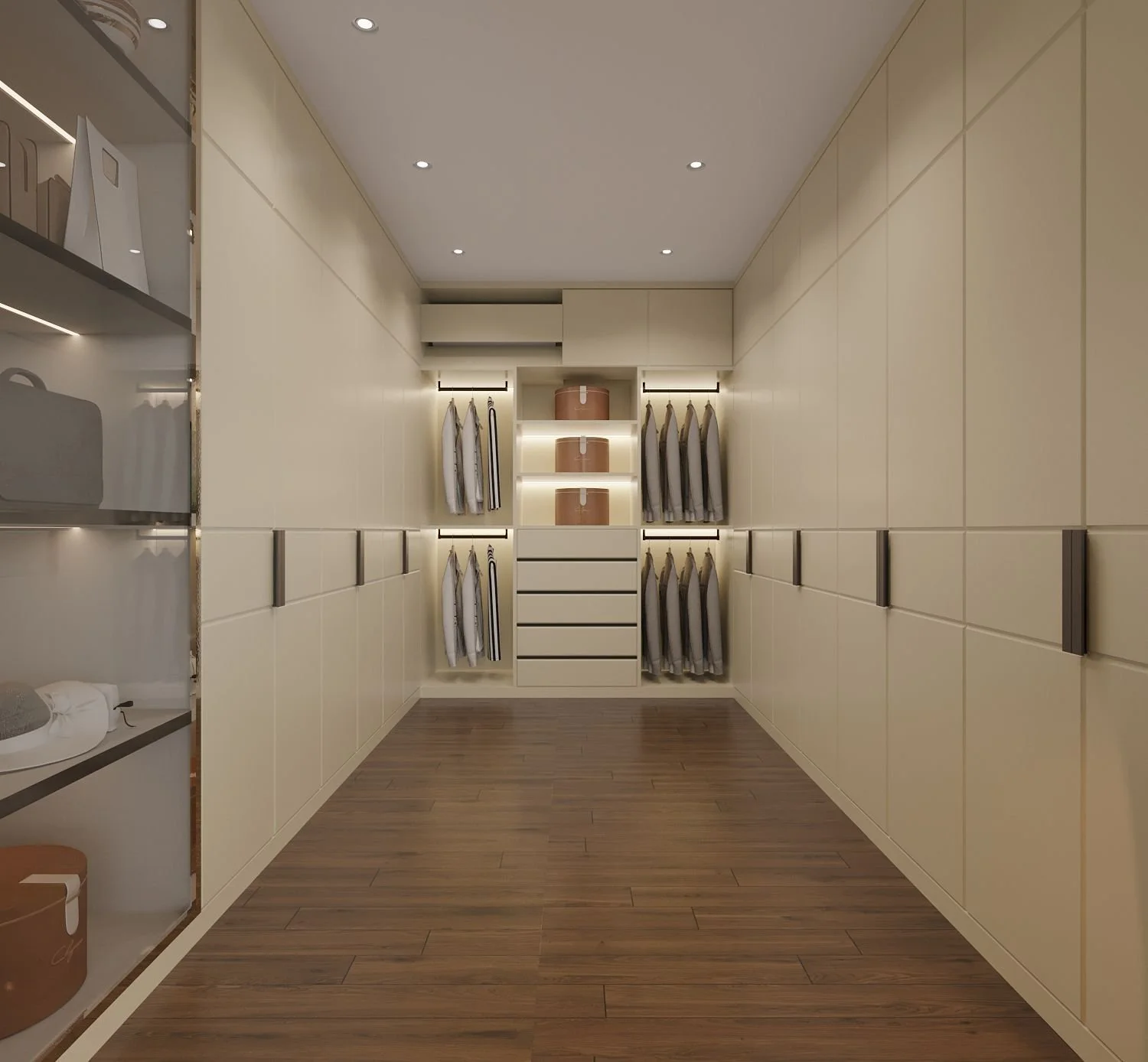 Walk-in wardrobe at Sunset Heights master suite featuring custom storage, clean layout and a well-organised dressing space with refined interior detailing