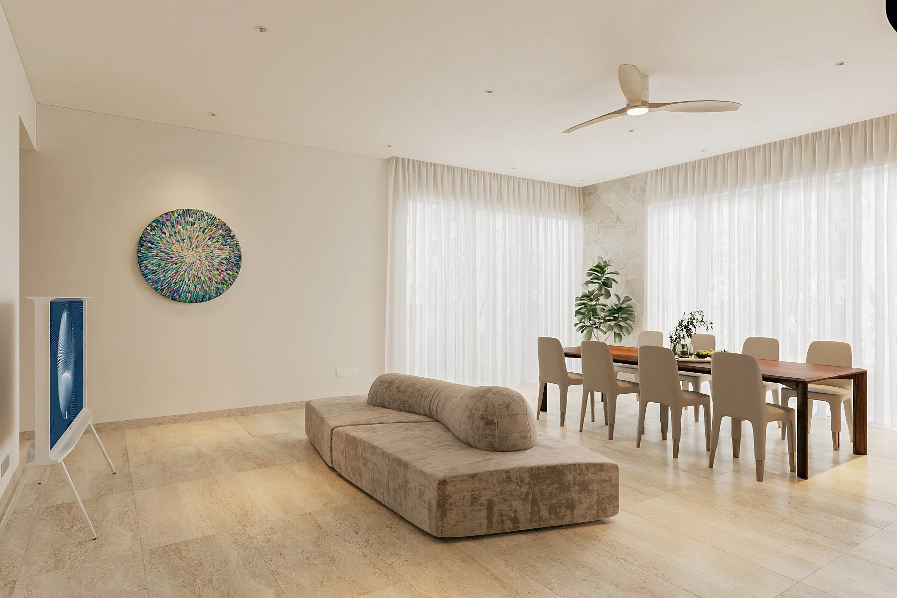 Modern coastal living room at Keppel Bay Condo Singapore with luxury interior design, airy layout, natural light and calming ocean-inspired palette