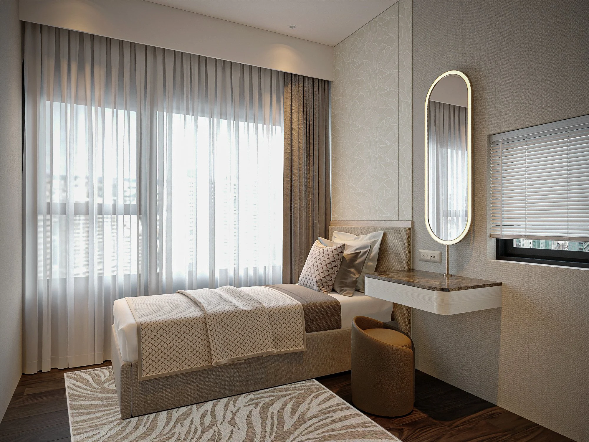 Children bedroom design in Midtown Modern condo with playful yet practical layout, built-in storage and comfortable study area