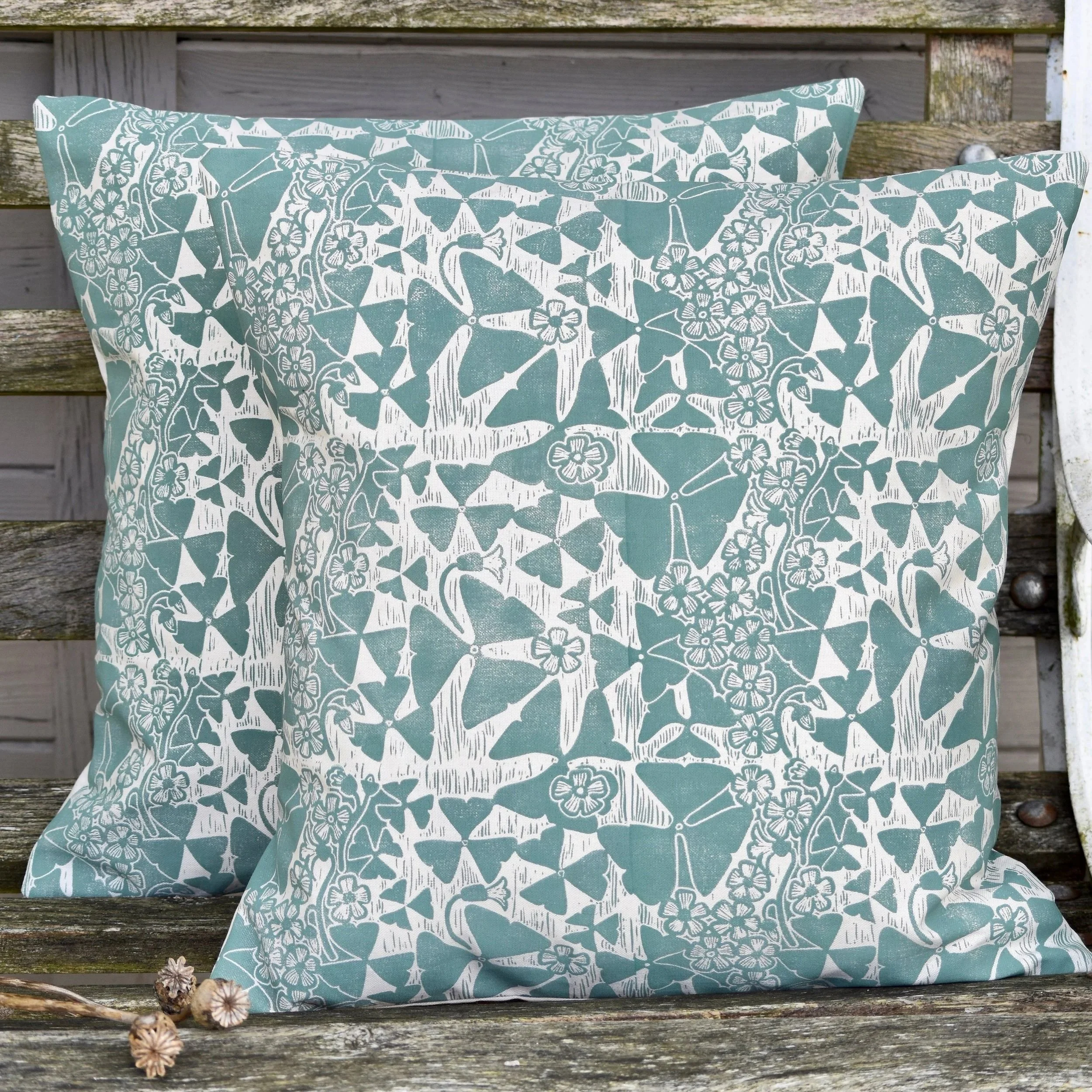 oxalis - cotton cushions hand printed in an alternative colour way