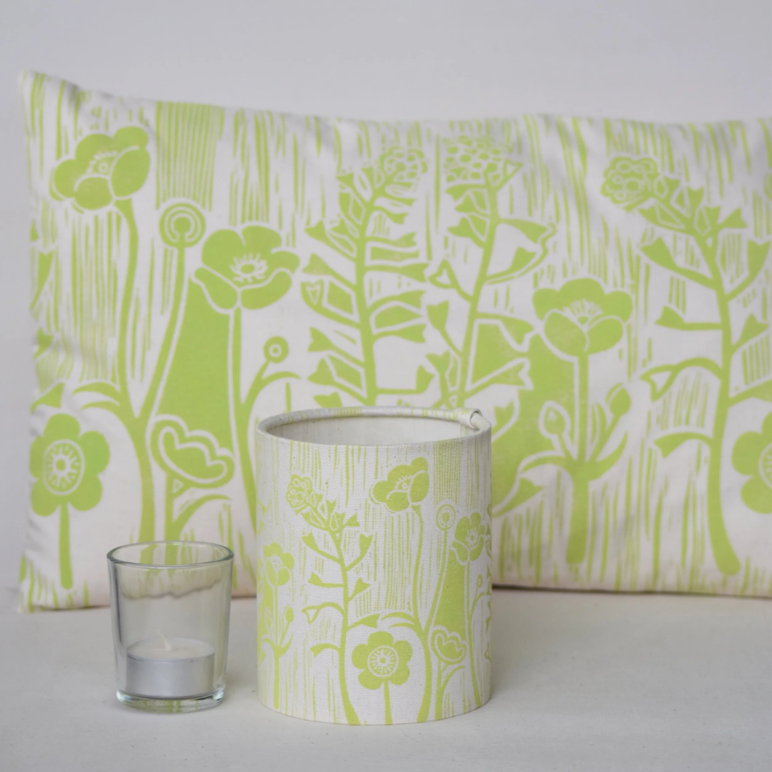 summer meadow - rectangle cushion + matching lantern handprinted in an alternative colourway