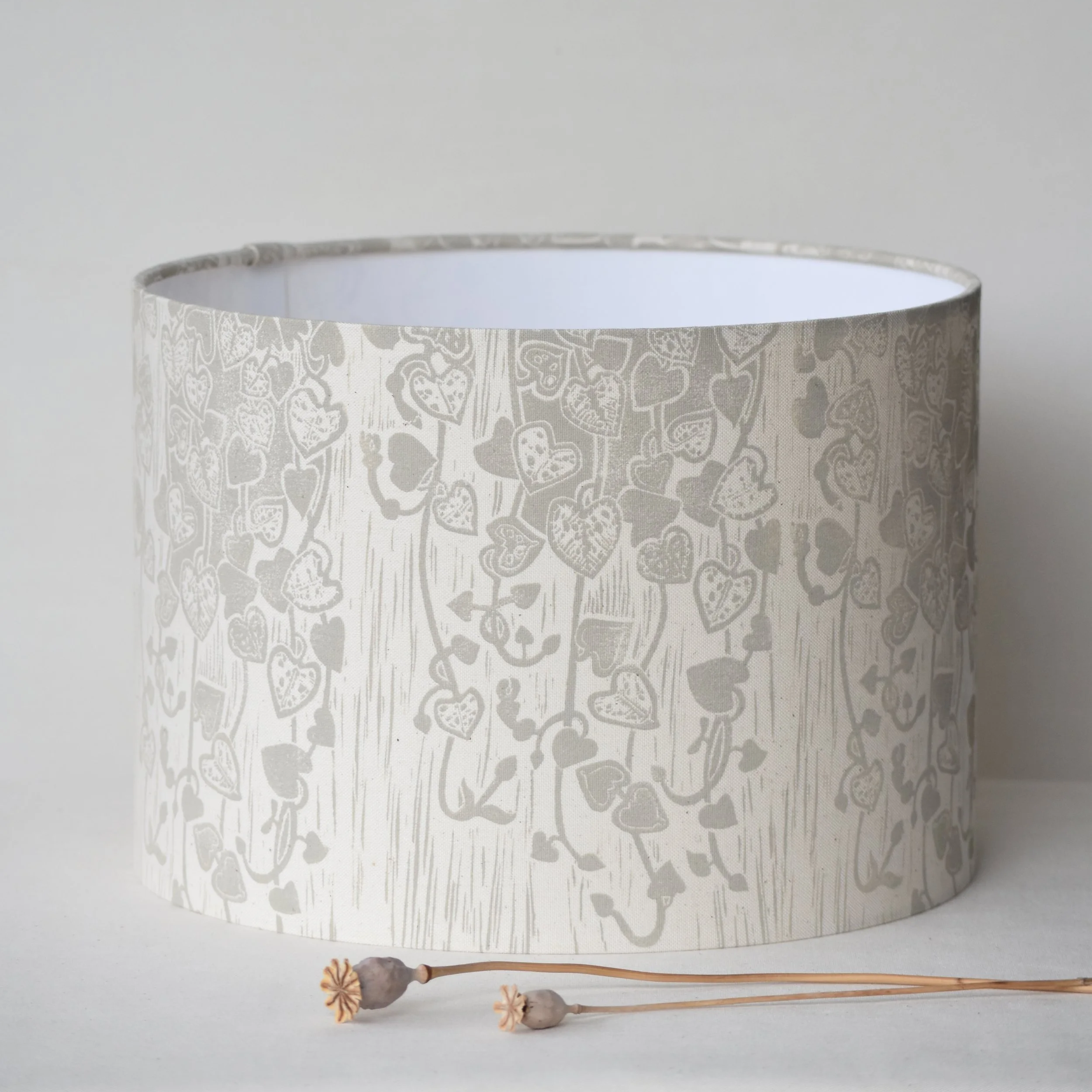 string of hearts - 30cm lampshade drum handprinted in old white