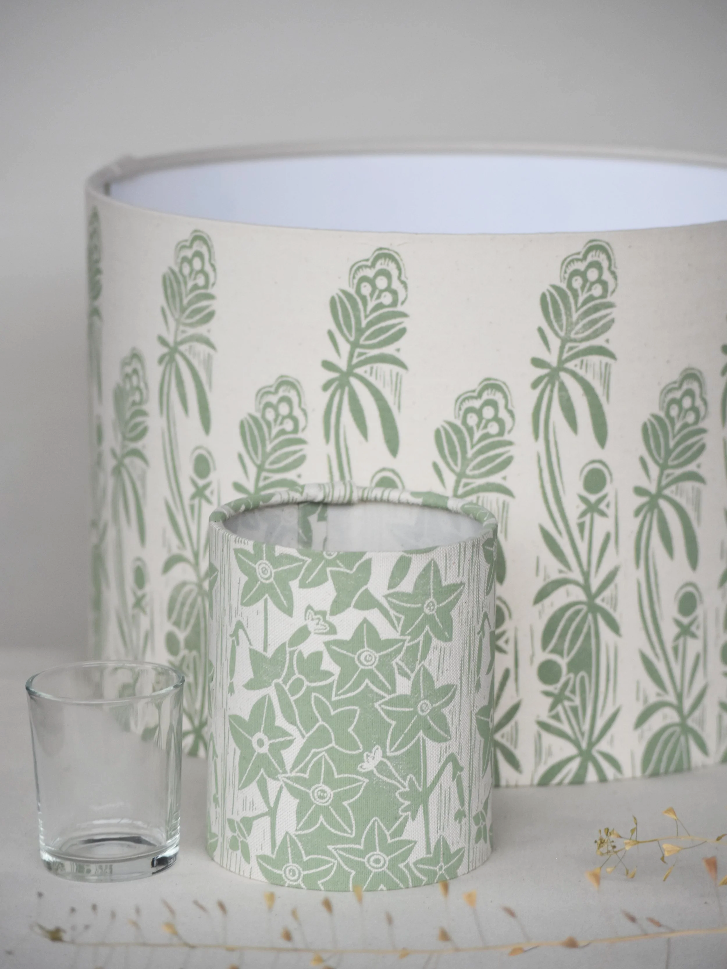 goosegrass lampshade drum + nicotiana lantern in a custom colourway