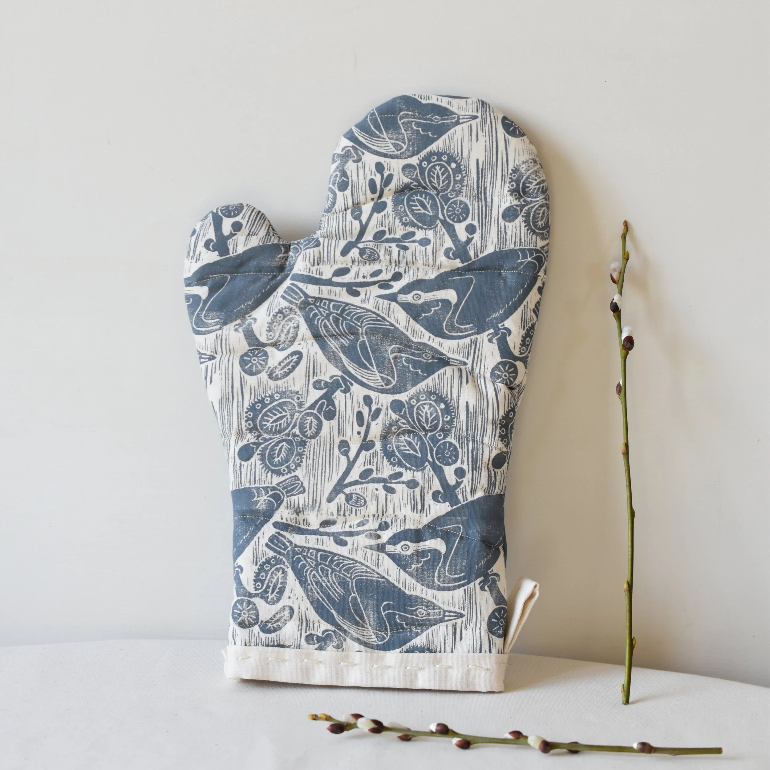 Nuthatches + Willow - Block Printed Cotton Oven Mitt