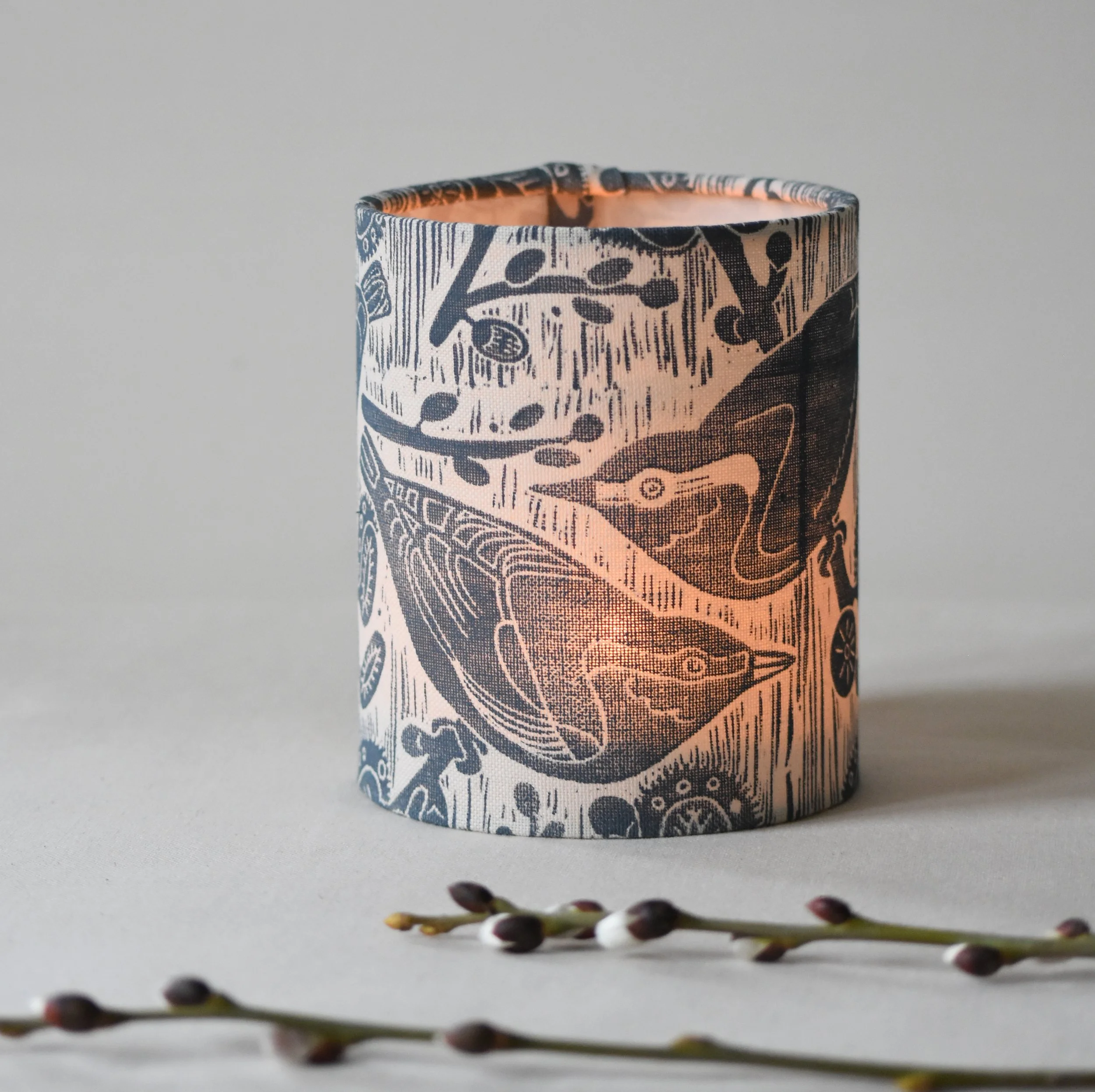 Nuthatches + Willow - Candle Tea Light Cover Block Printed By Hand