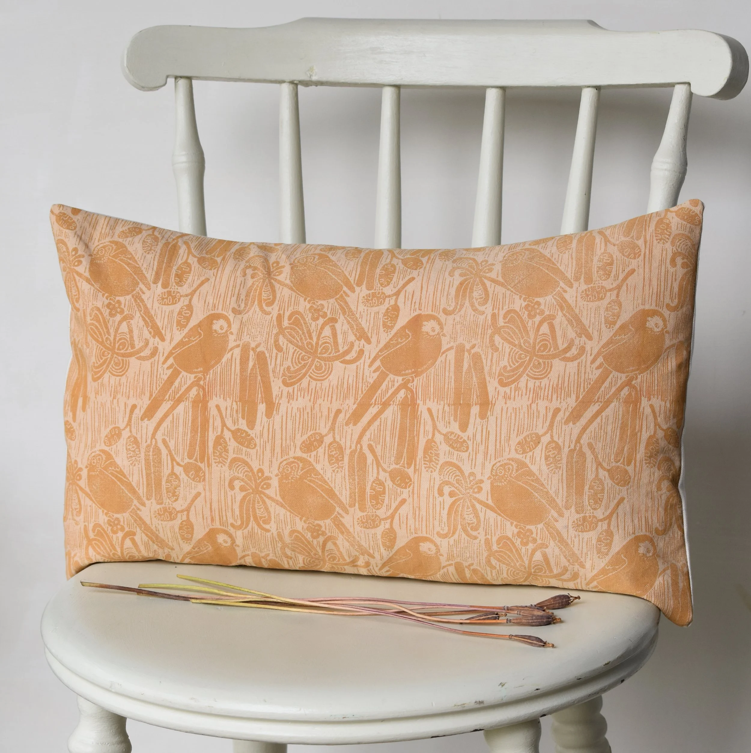 long-tailed tits - plant dyed + block printed cotton cushion 