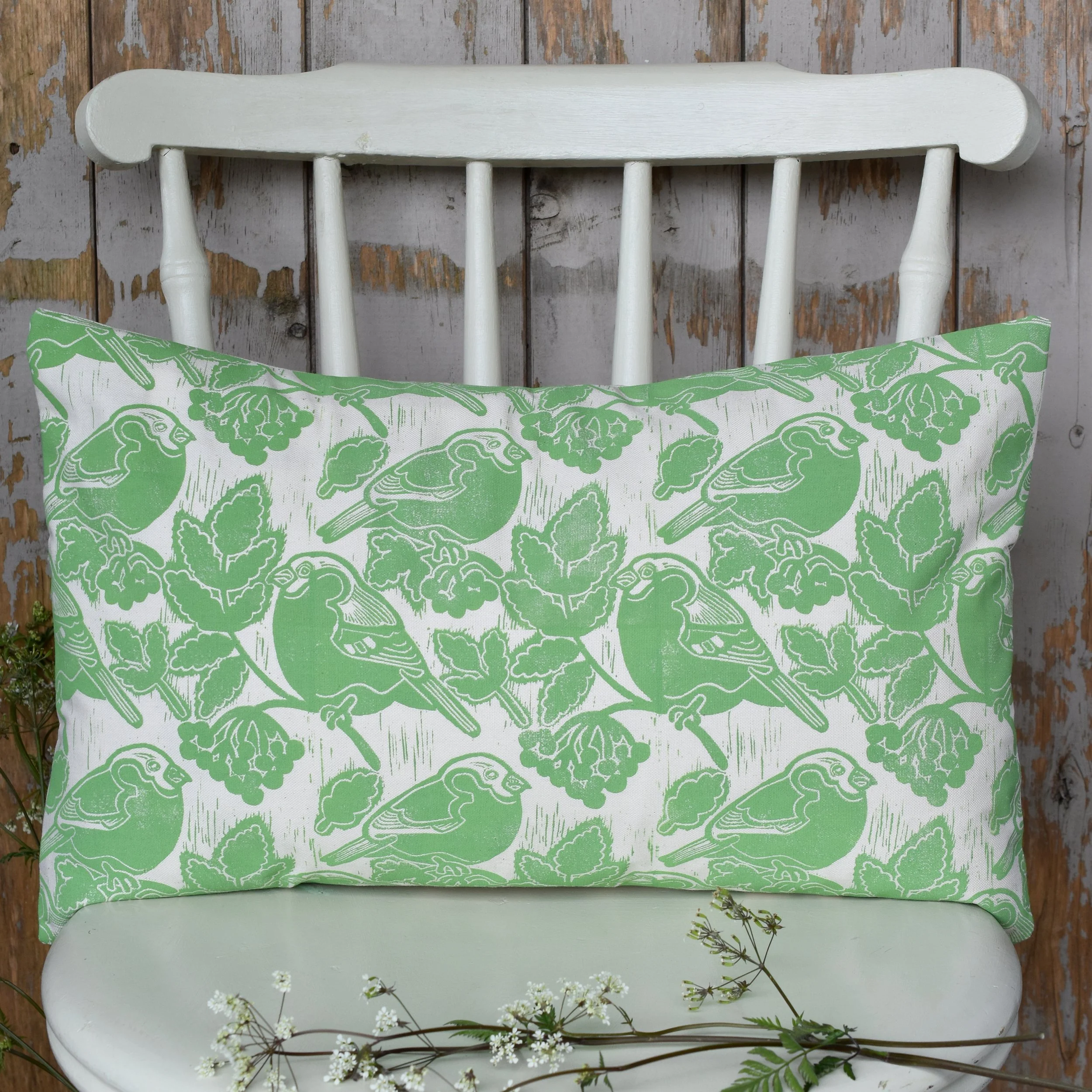 Bullfinches + Berries - Block Printed Cotton Cushion