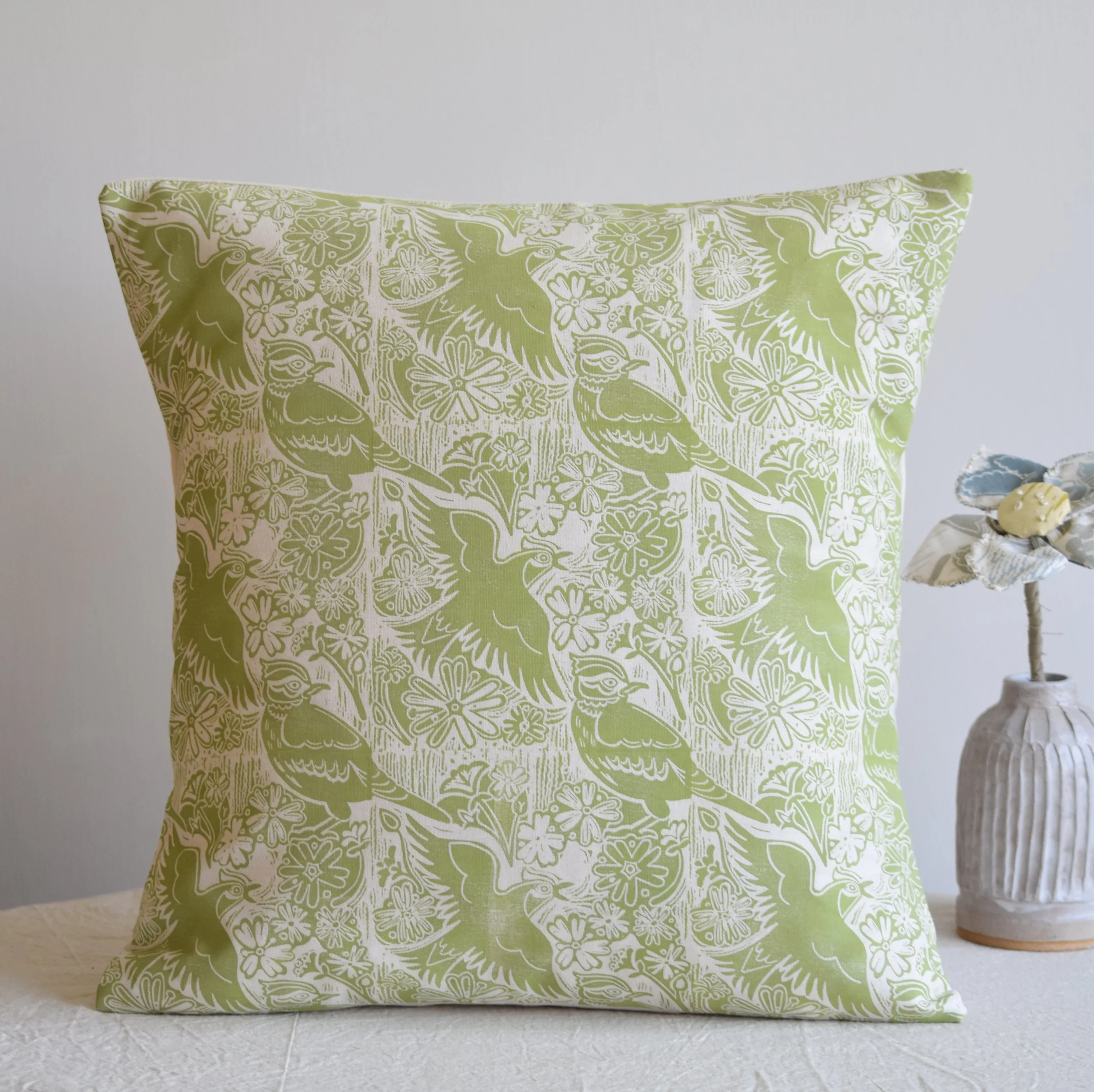 Skylarks + Stitchwort - Block Printed Cotton Cushion