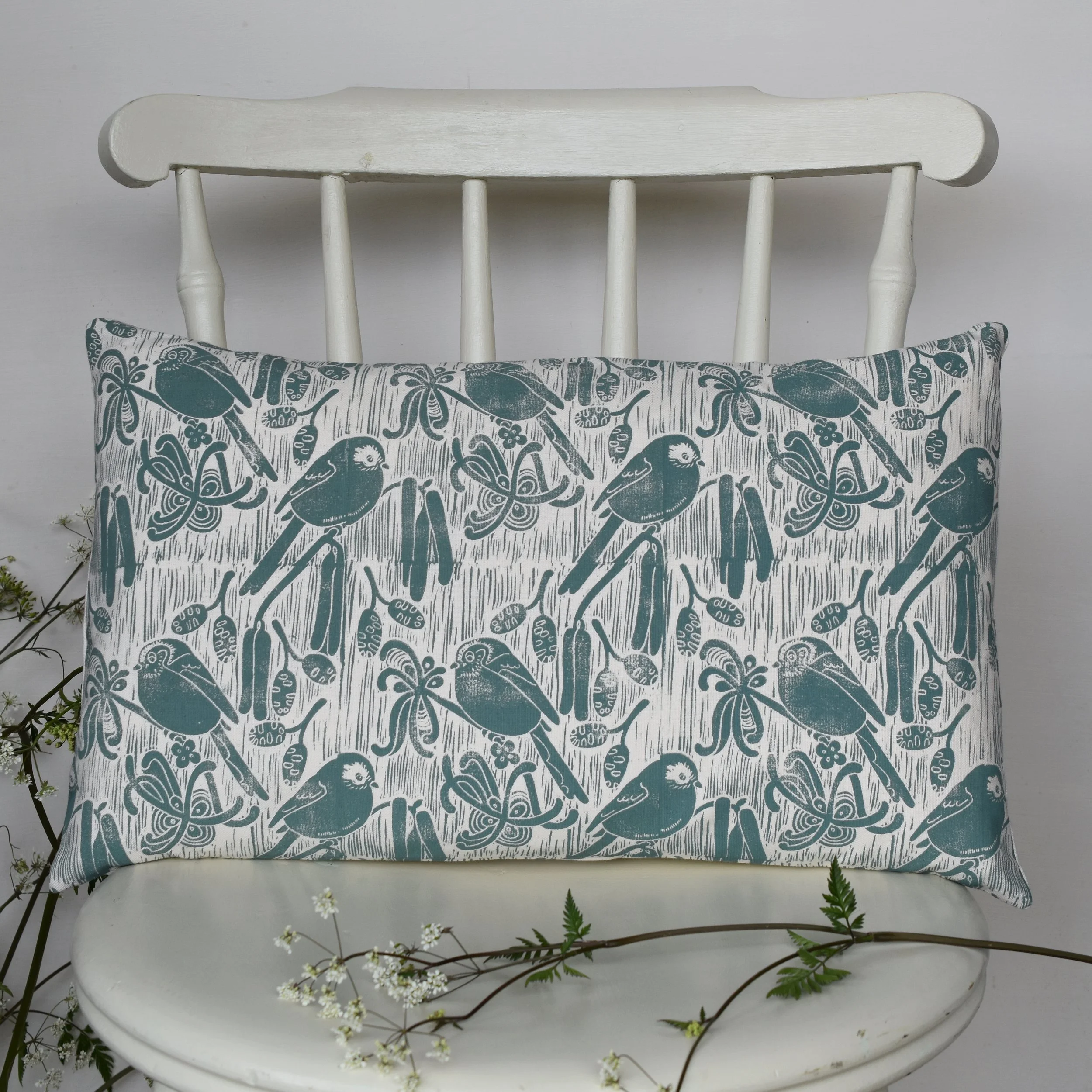 Long-tailed Tits - Block Printed Cotton Cushion