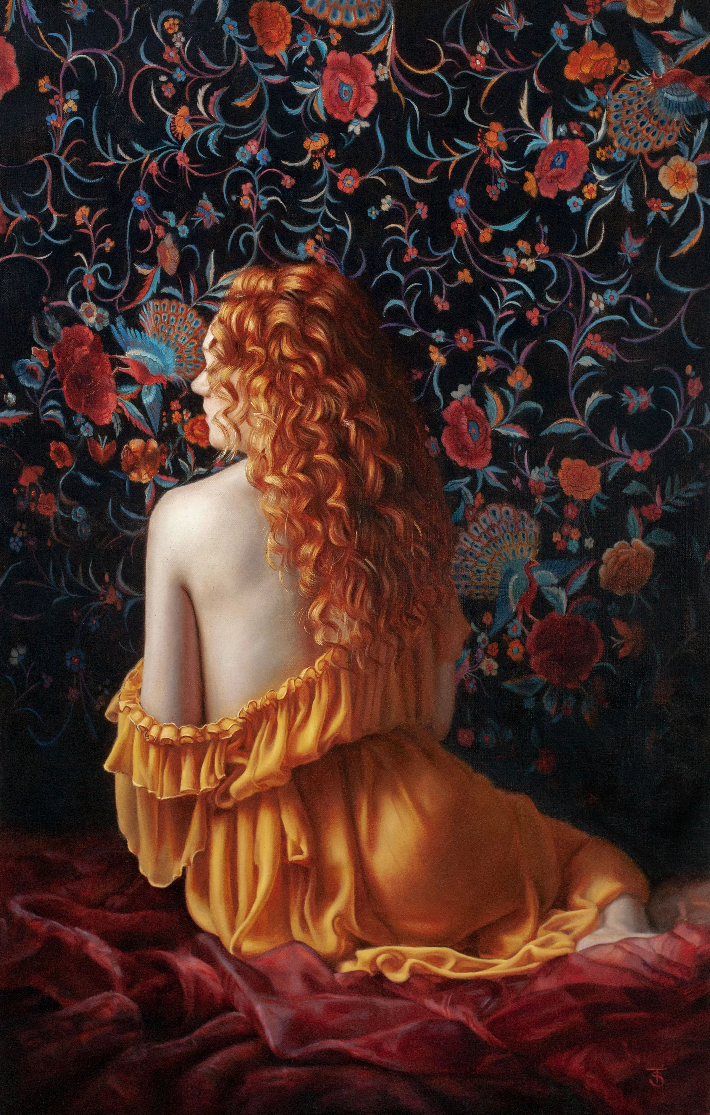 Figurative painting of a red-haired woman in an ochre dress against a dark floral backdrop by Tina Spratt