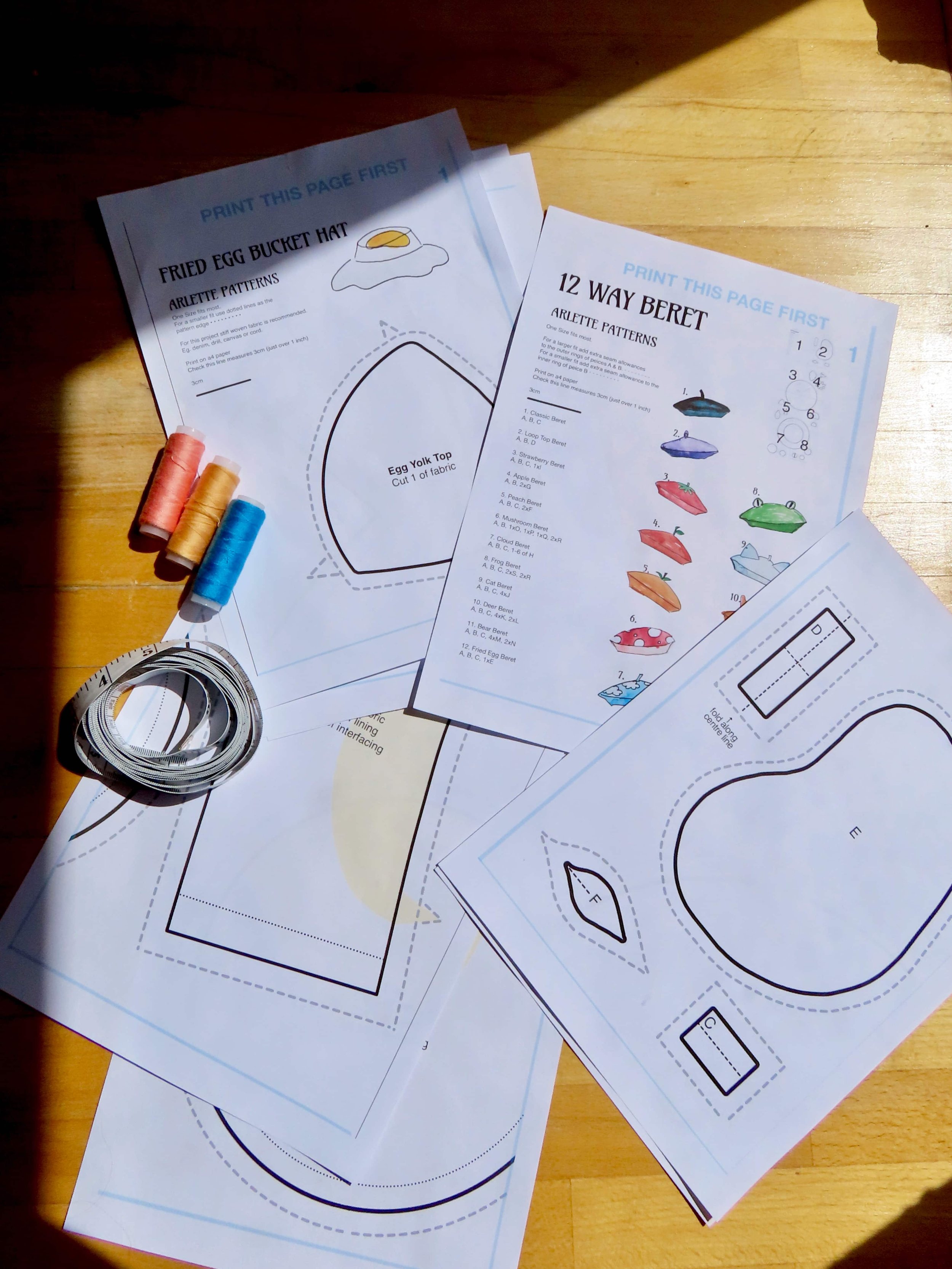 print at home PDF sewing pattern. Includes peach beret, strawberry beret, mushroom top beret and cat ear beret