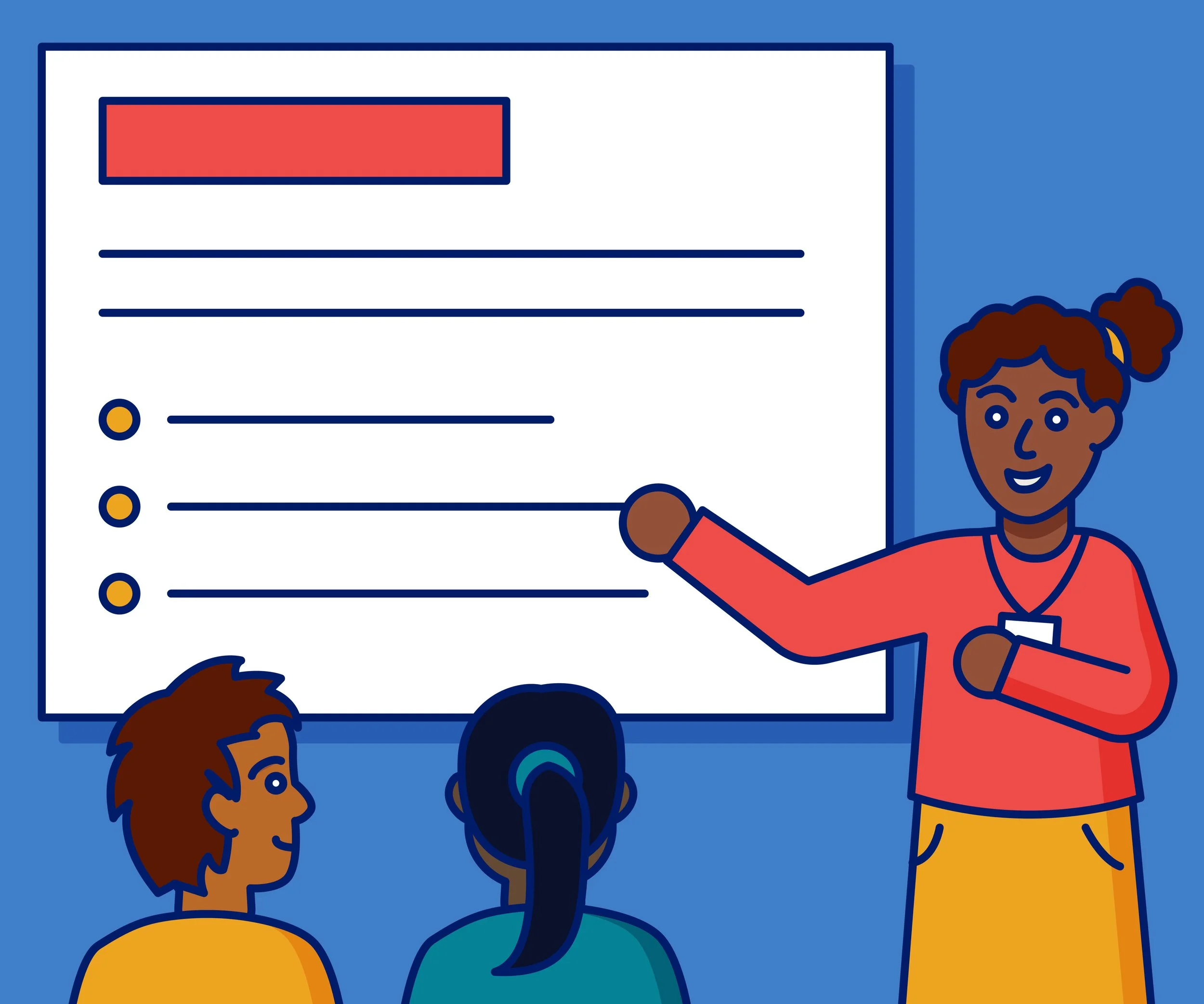 A person pointing to a whiteboard while teaching 2 students.