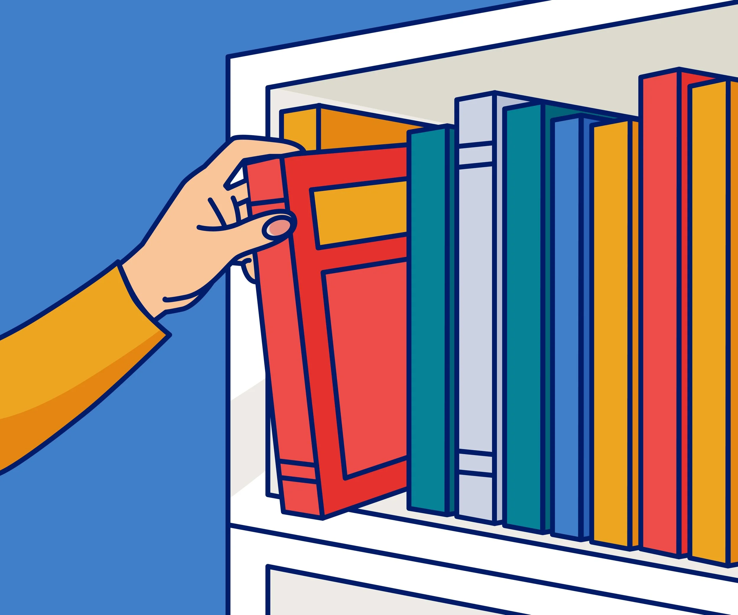 A hand reaching out and grabbing a book from a bookshelf.