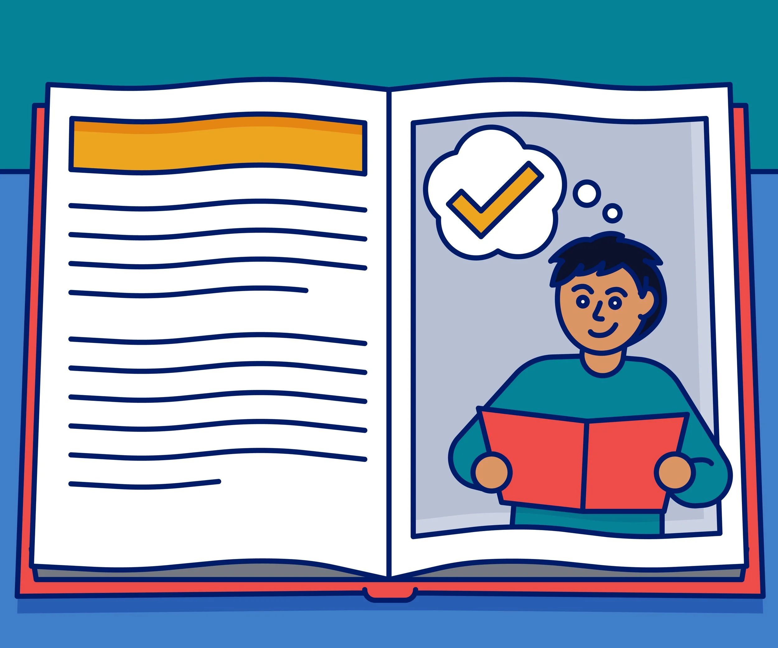 An open book. The right page has an image of someone reading.