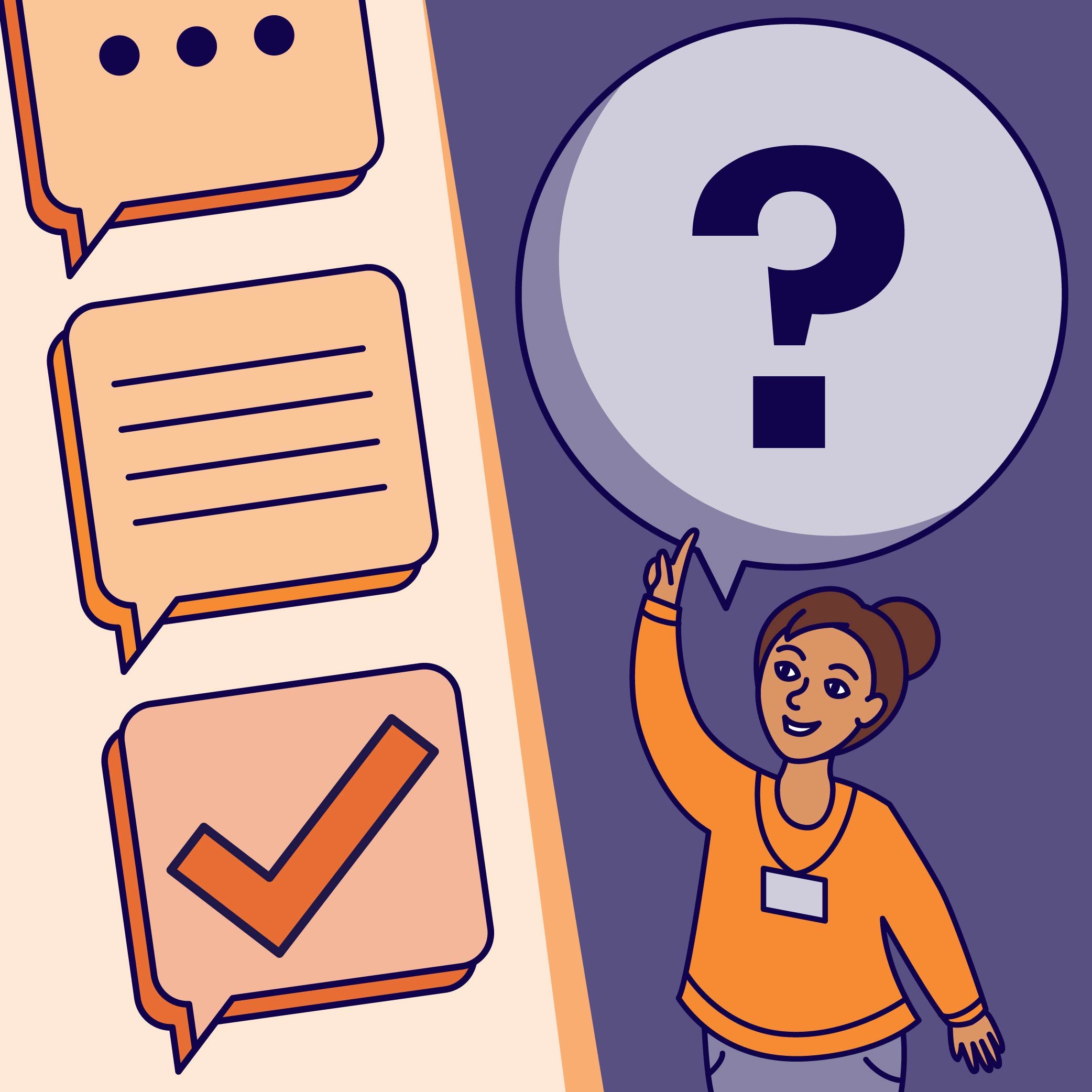 A person raising their hand to ask a question. There are three speech bubbles next to them.