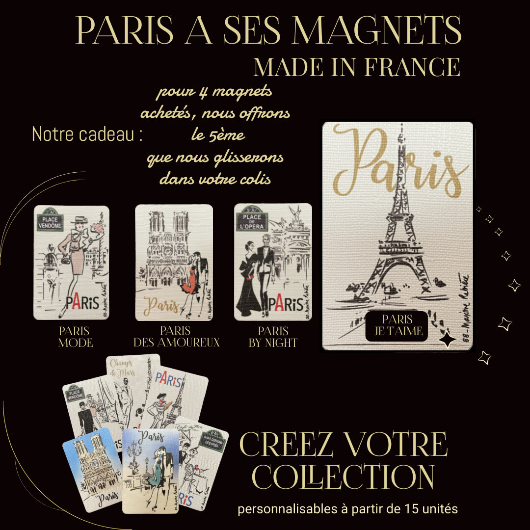 Des magnets Parisiens 100% fabriqu&eacute;s en France
avec des dessins de Maxime Rebi&egrave;re
Souples, ils s'adaptent &agrave; tous supports, m&ecirc;me arrondis
https://clovis.paris

Personnalisation possible &agrave; partir de 15 pi&egrave;c