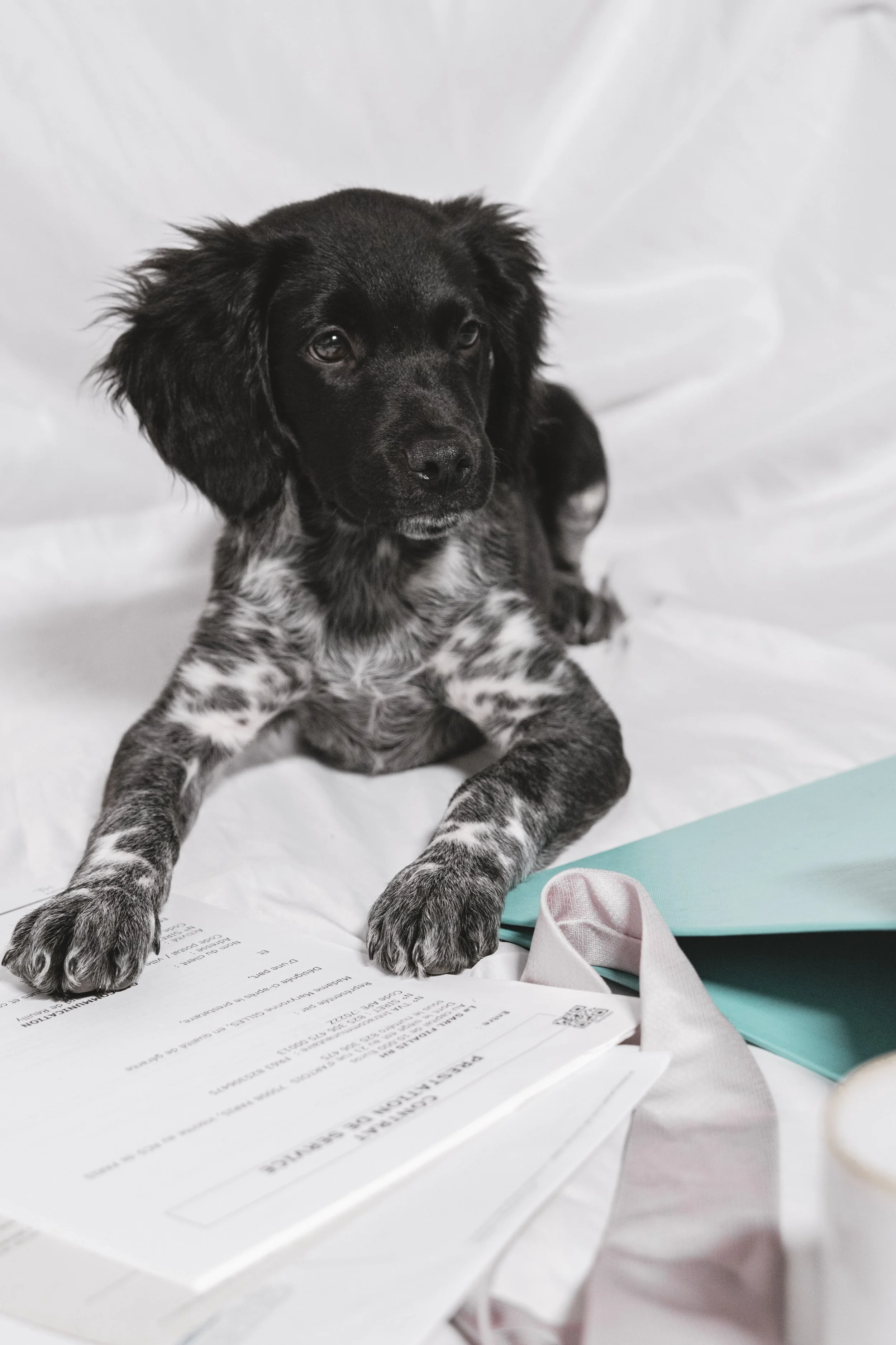 Chiot noir et blanc avec des taches, allongé sur des papiers et des tissus, regardant vers l'avant.