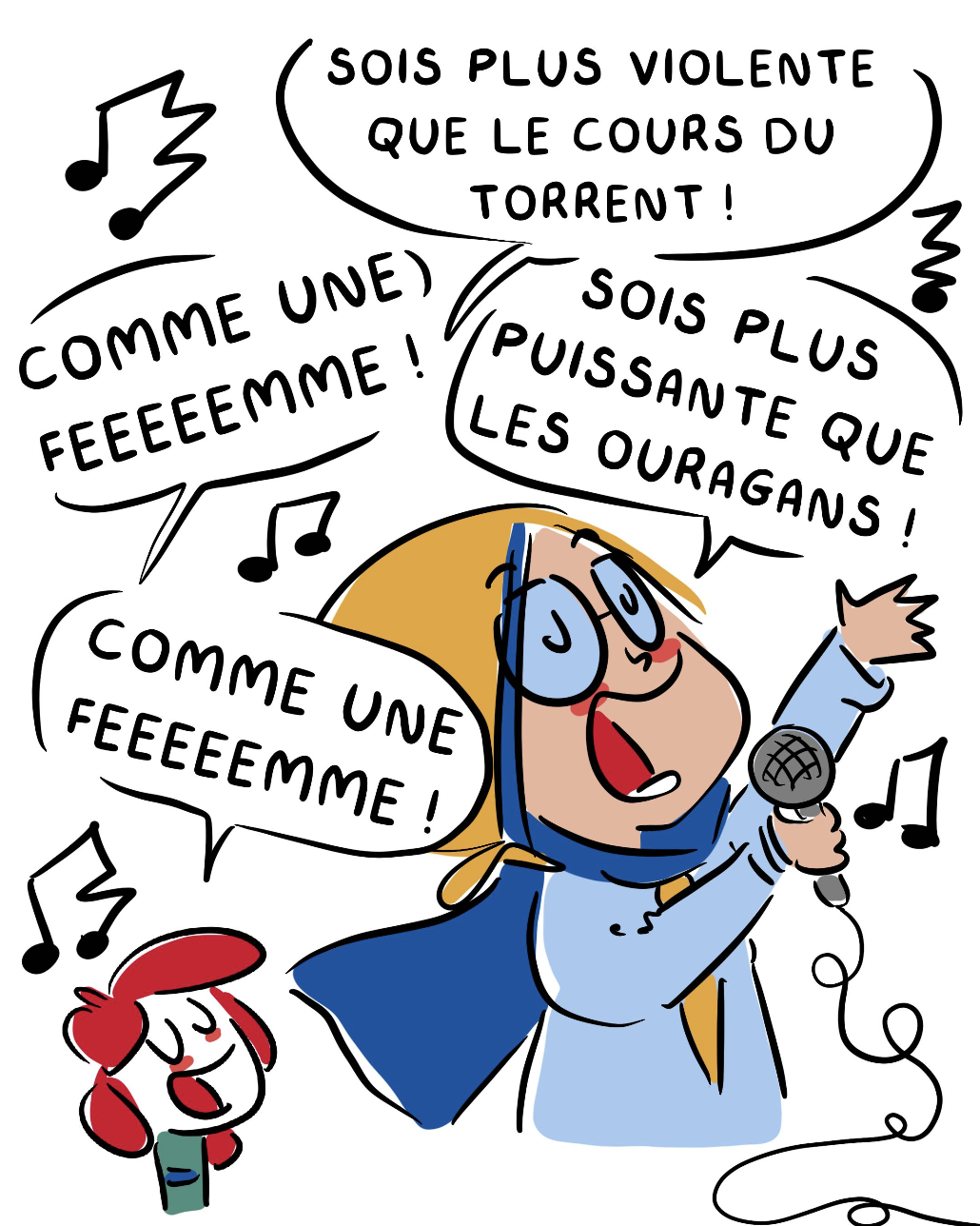 Une dessin animé d'une fille avec des lunettes chantant avec un microphone, entourée de bulles de texte avec des paroles de chant en français, et une petite fille rouge à côtés qui chante aussi.