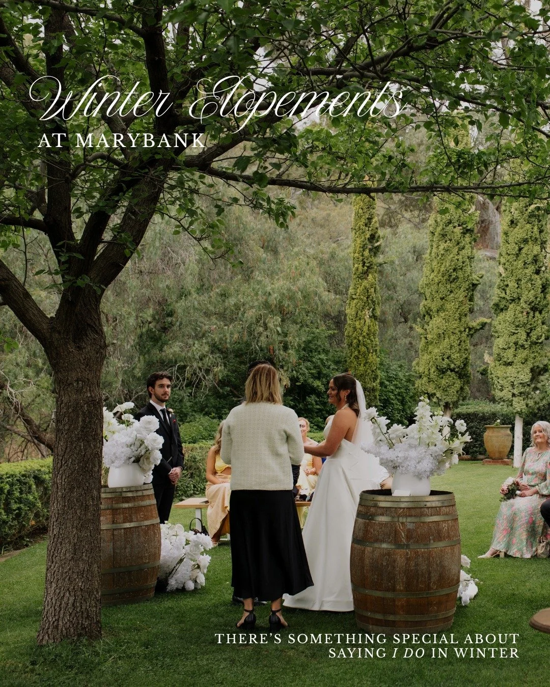 Winter at Marybank has its own kind of magic.

Our $4,950 Winter Elopement Package includes everything you need: photographer, celebrant, florals and a grazing board, for you and up to 30 guests.

Enquire now to secure your winter elopement date at M