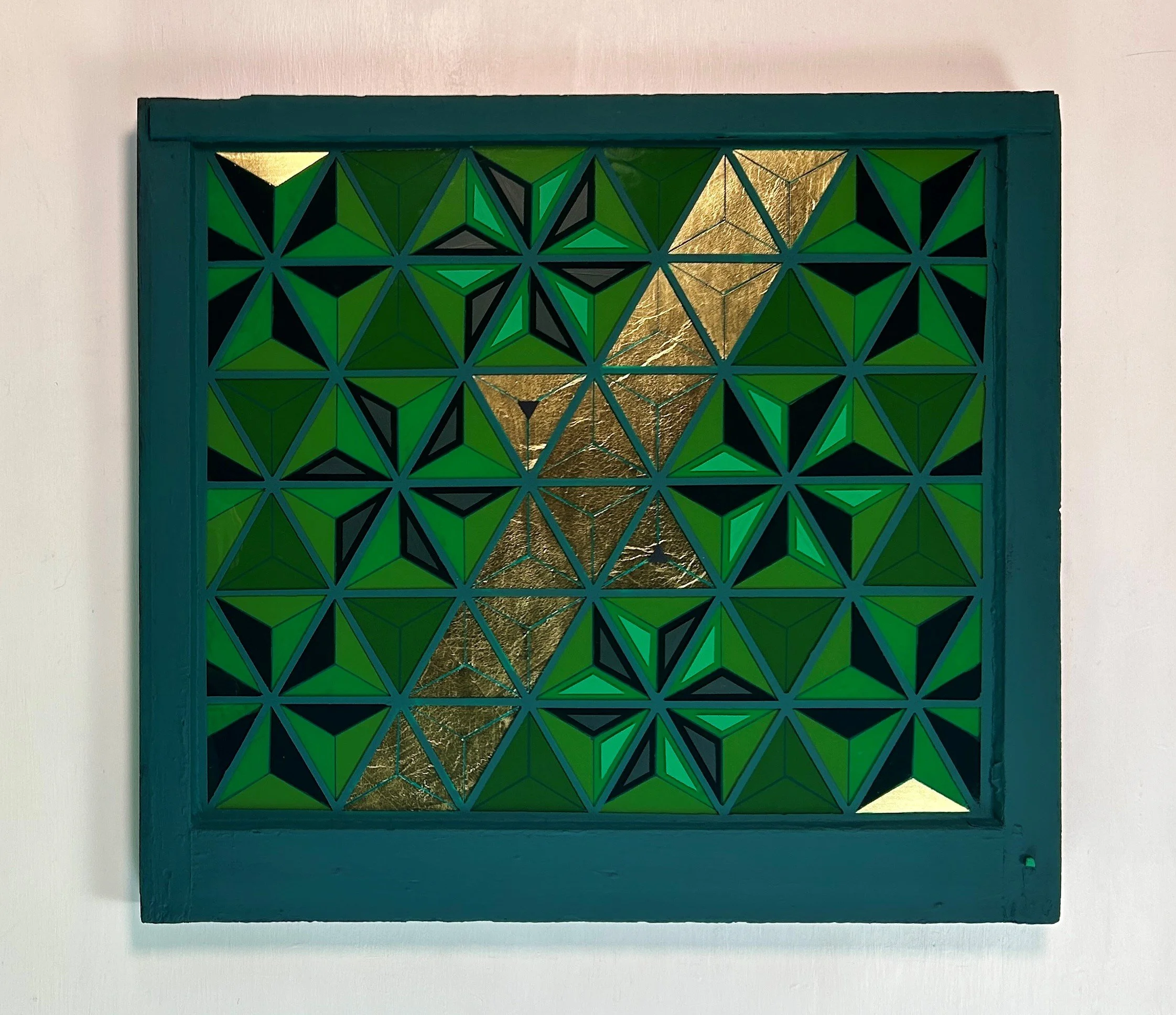 Asanoha (2025)
   
Acrylic and gold leaf on reclaimed house window
(32" × 28") 