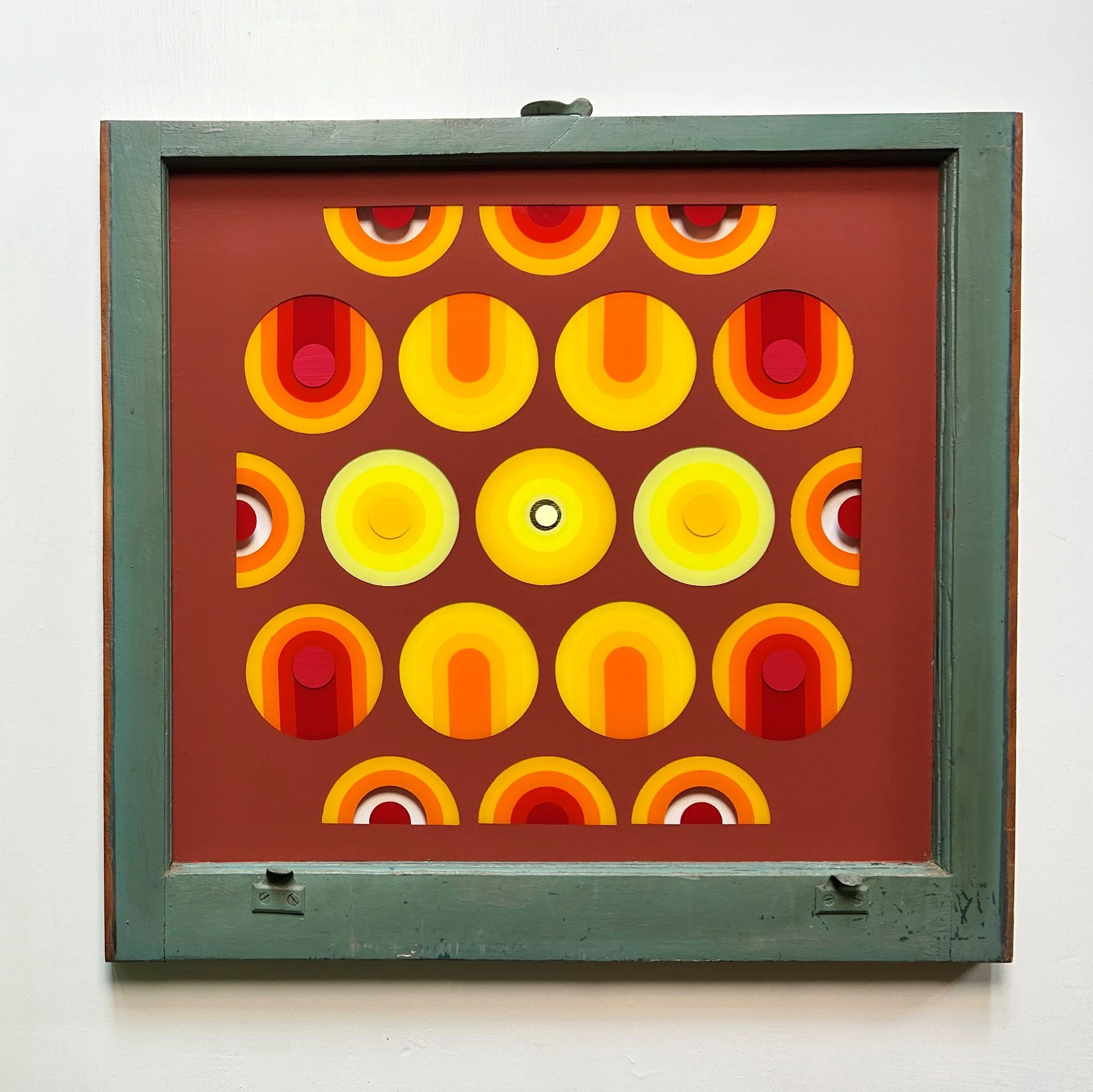 Randot (2026)
   
Acrylic and gold leaf on reclaimed house window
(26" × 28") 