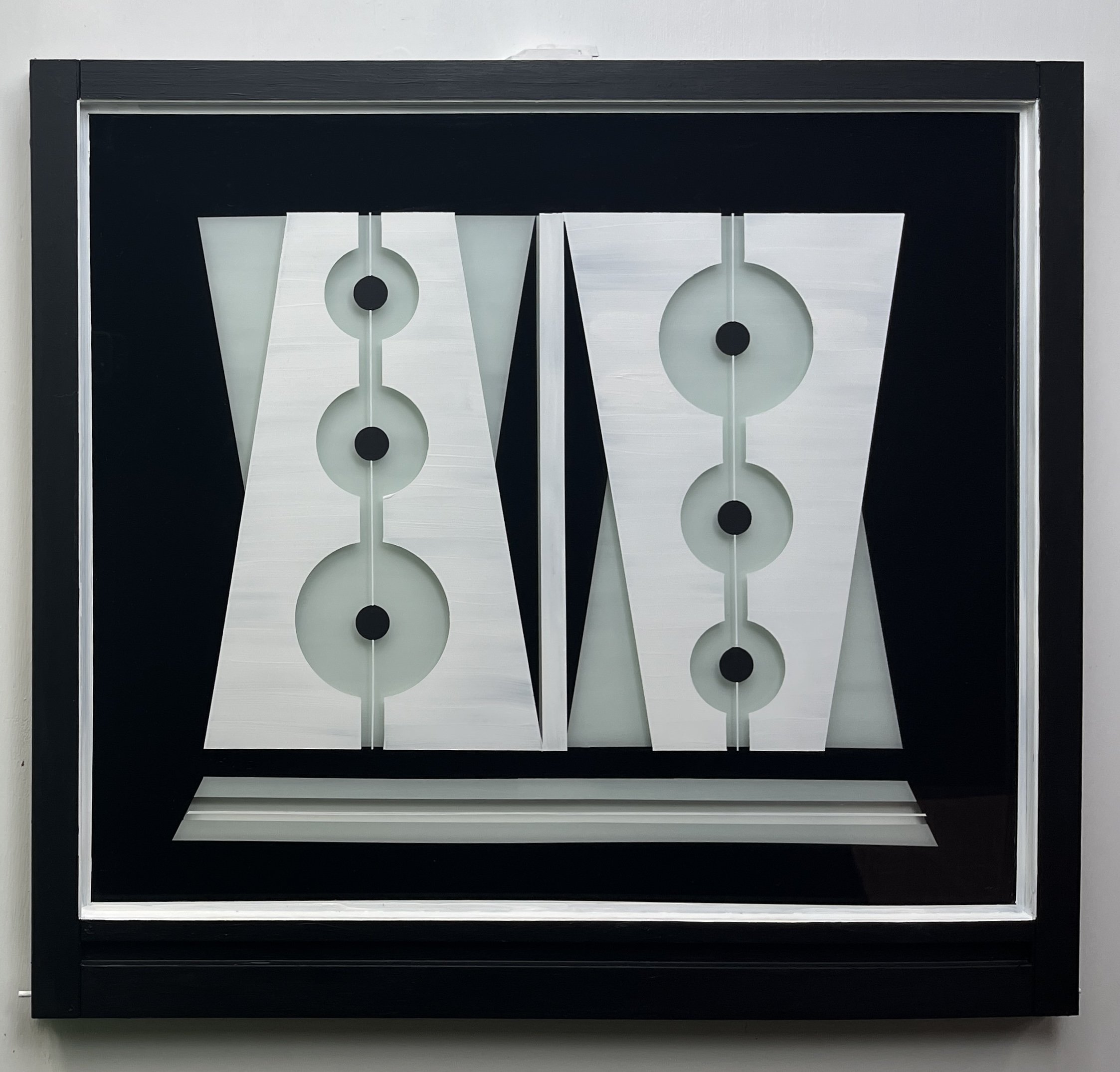 Arrangement (2023)
   
Gesso on reclaimed house window
(28" × 30") 