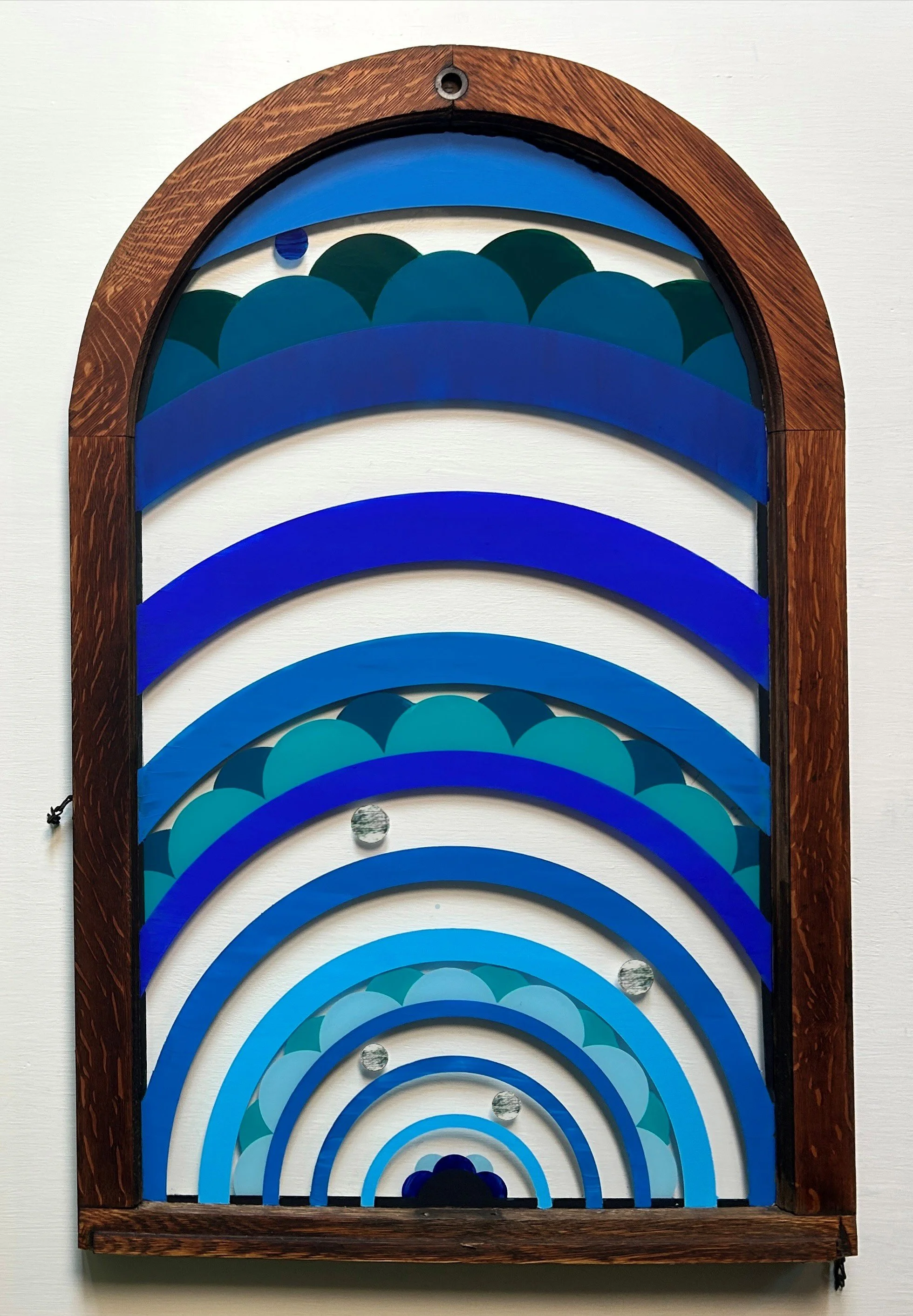 Archivolt (2026)
   
Acrylic on reclaimed reformatory window
(24"x37")
