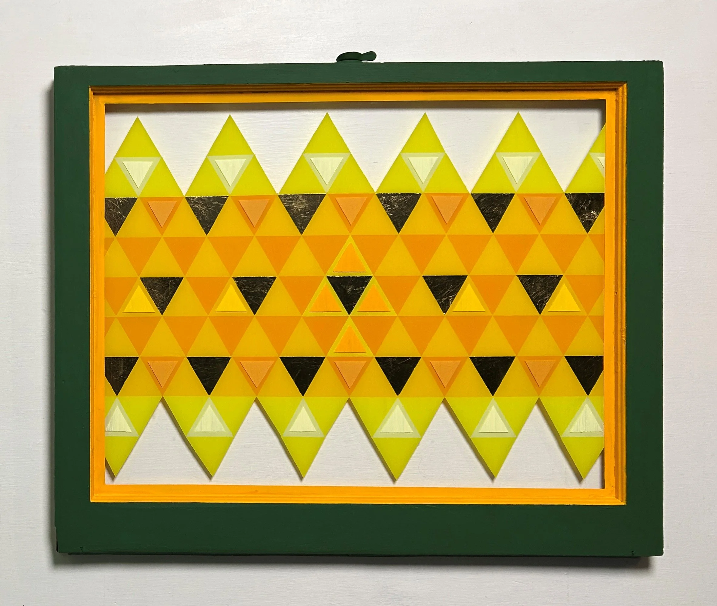 Hide (2025)
   
Acrylic and gold leaf on reclaimed house window
(26" × 30") 