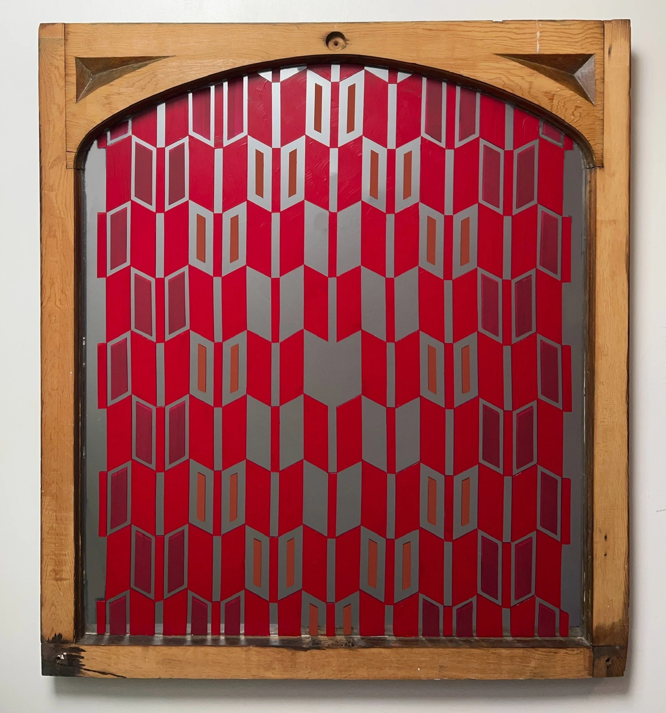 Quiver (2025)
   
Acrylic on mirror in reclaimed rectory window 
(31" × 35") 