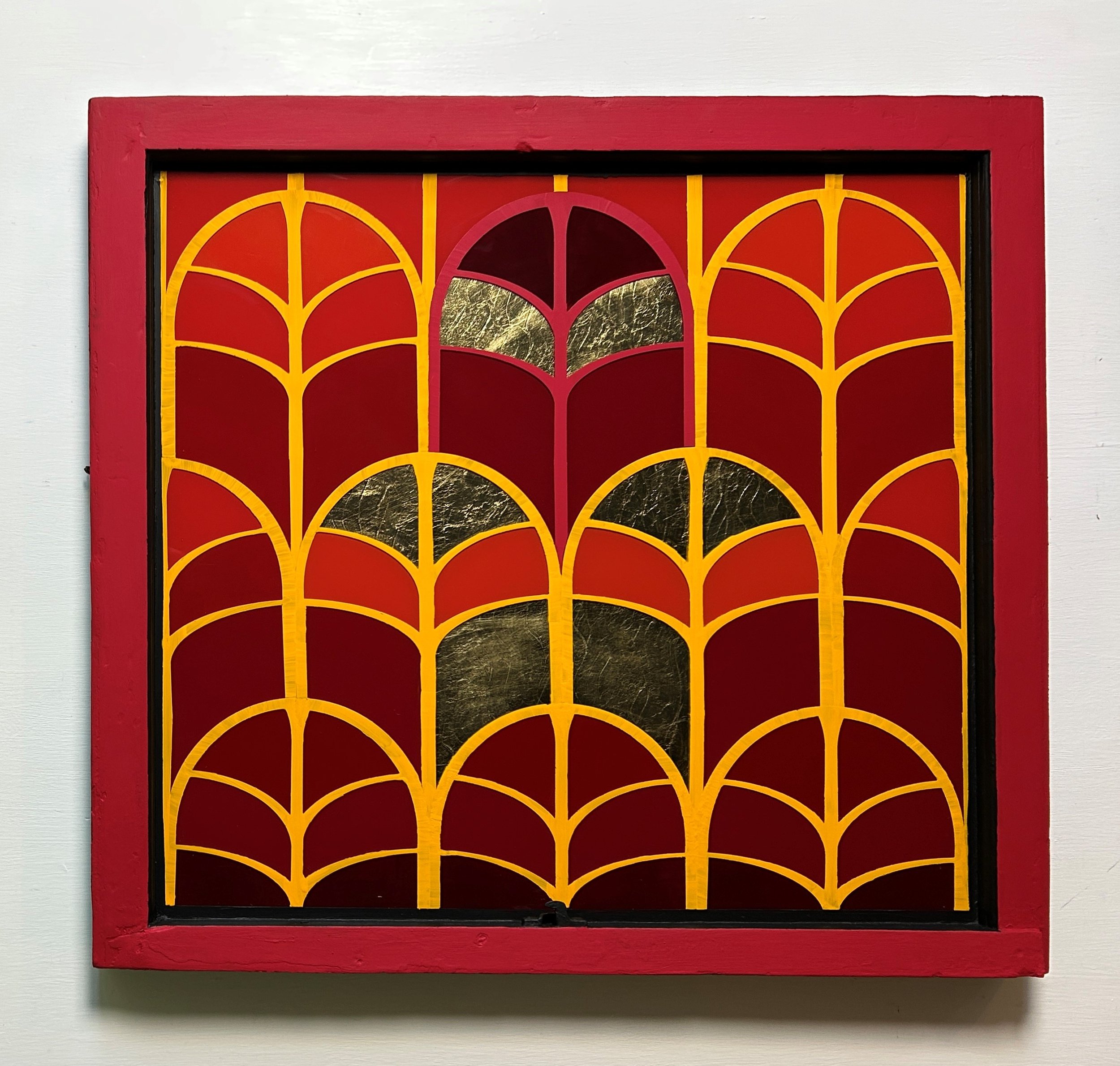 Dynamics (2025)
   
Acrylic and gold leaf on reclaimed house window
(32"x20")
