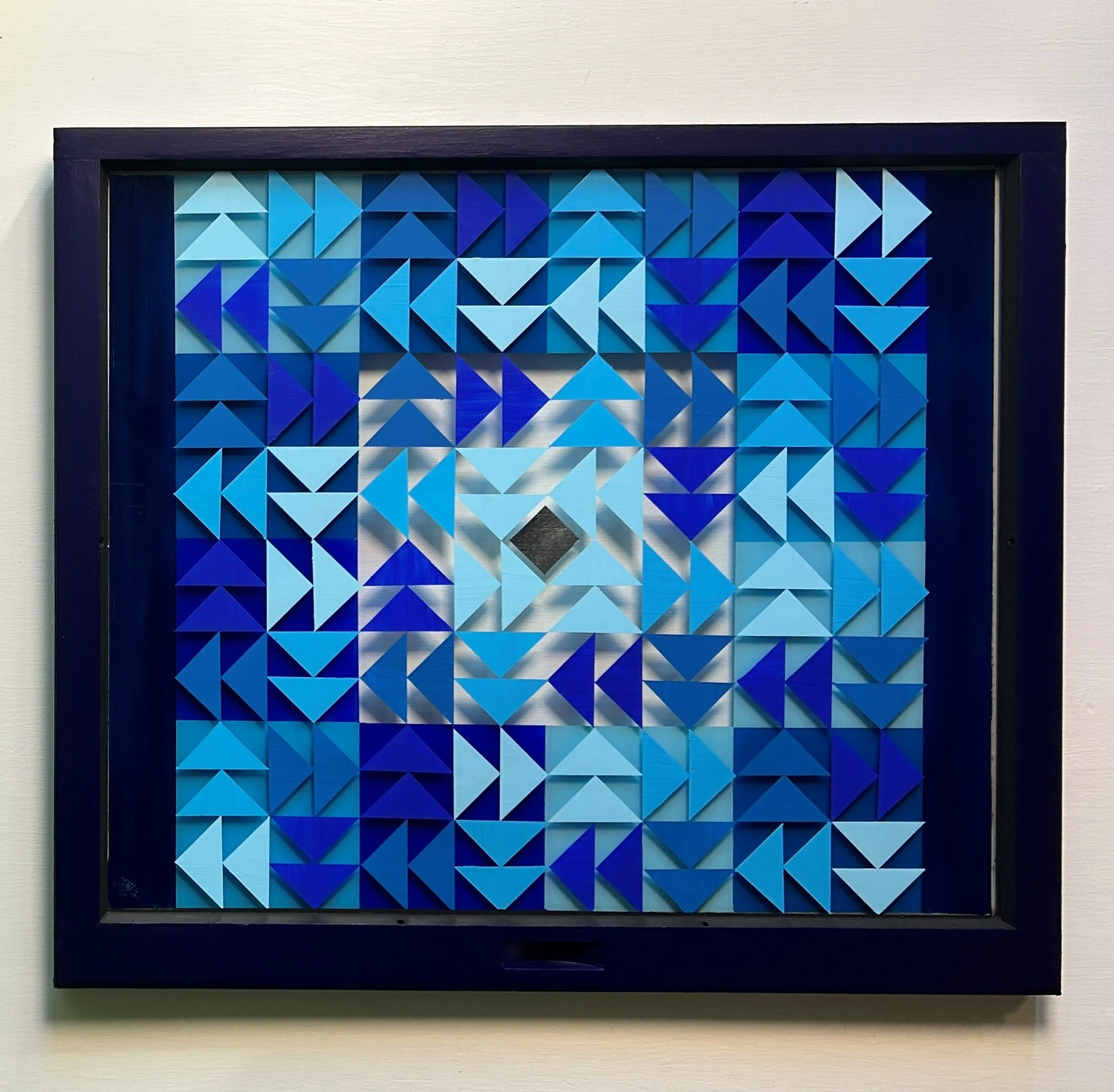 Puzzled (2026)
   
Acrylic and silver leaf on reclaimed house window
(28" × 31") 