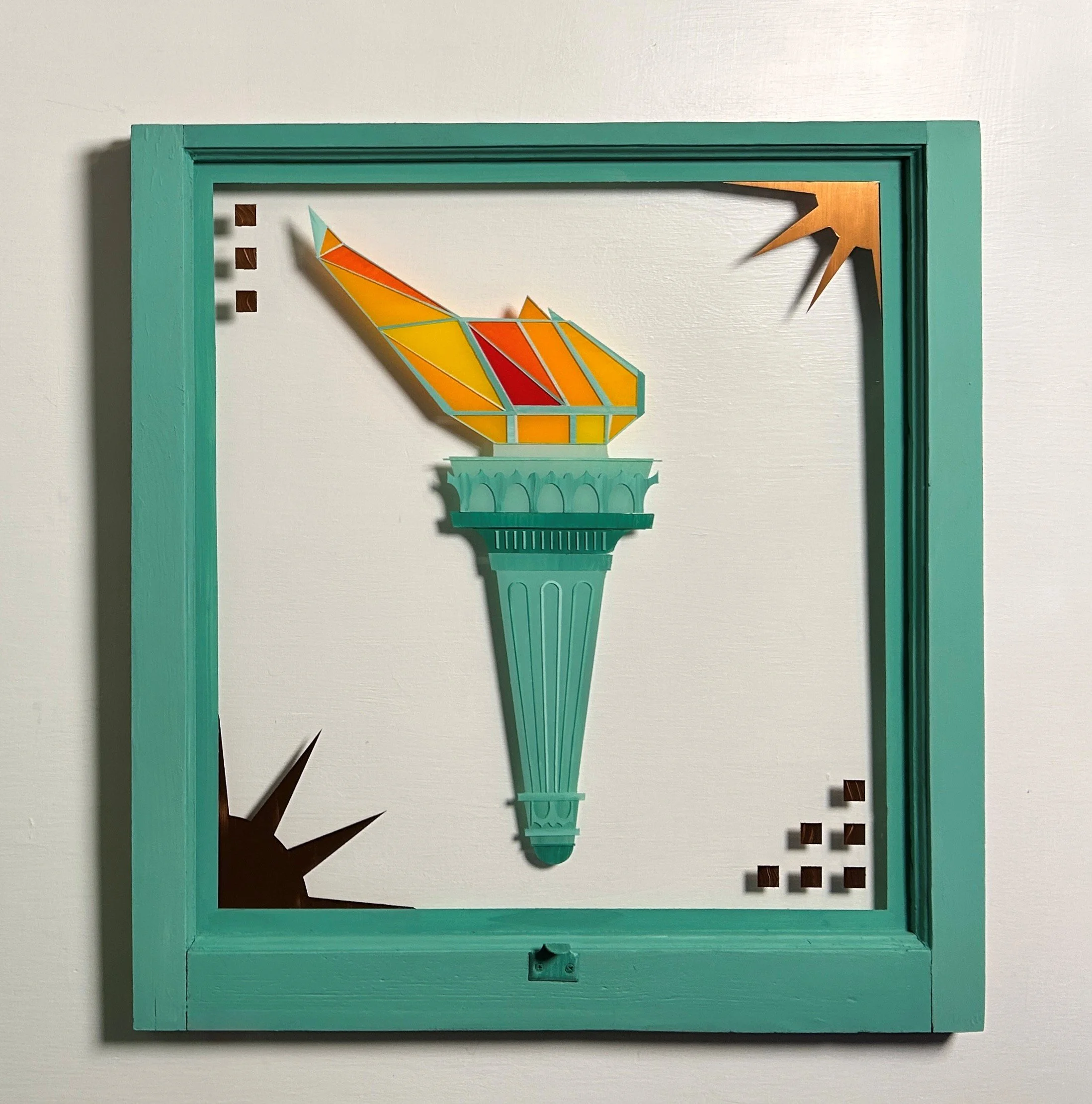 Enlighten (2026)
   
Acrylic on reclaimed house window
(28" × 30") 