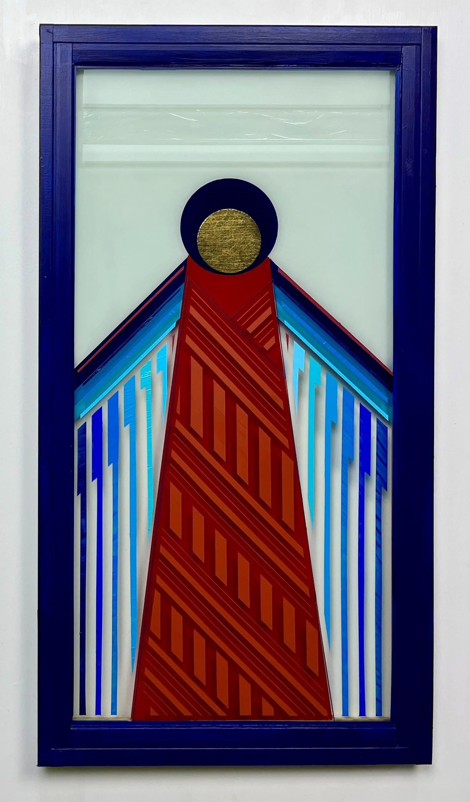 Periphery (2023)
   
Acrylic and gold leaf on reclaimed house window
(17" × 30") 