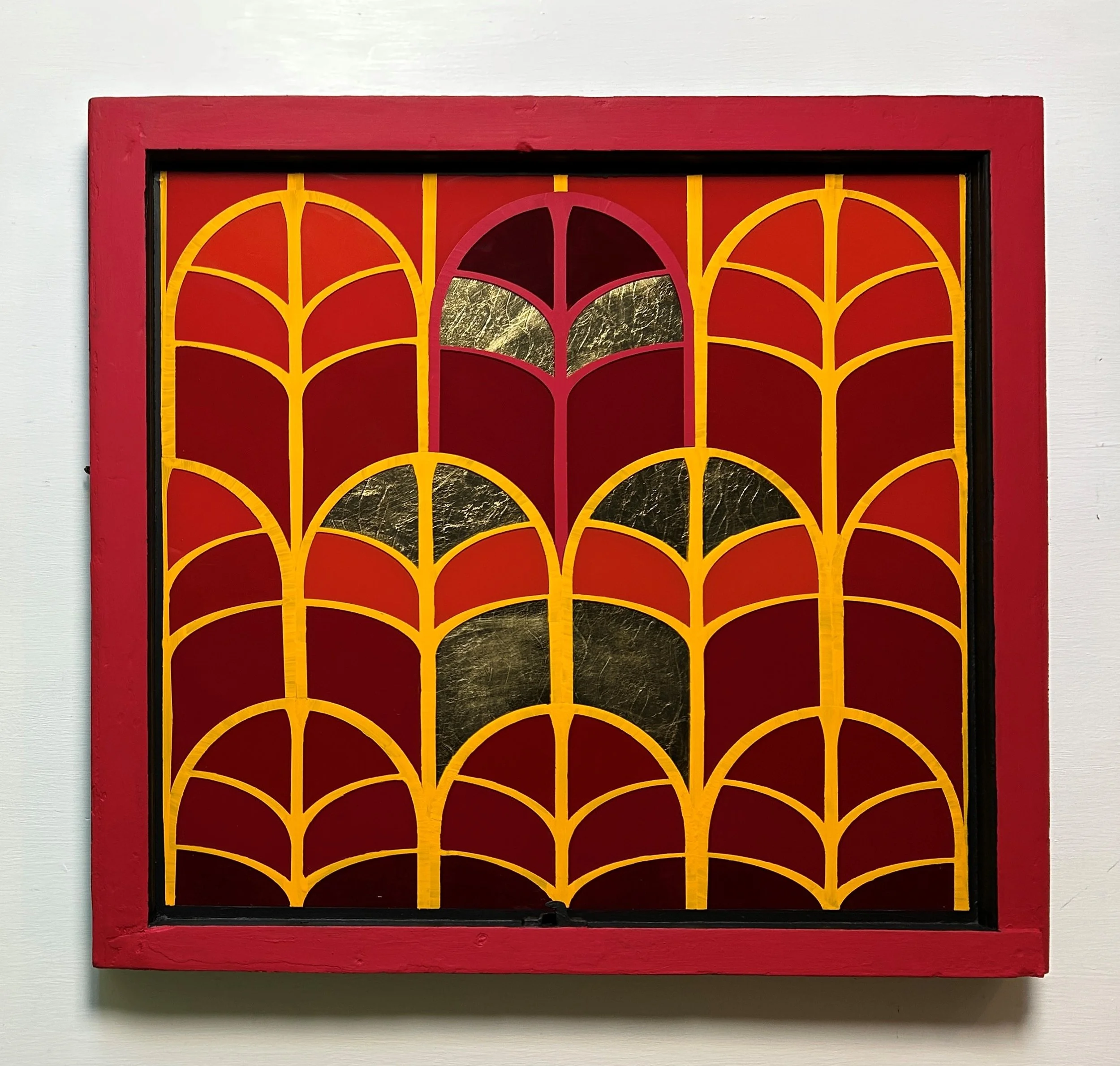 Dynamics (2025)
   
Acrylic and gold leaf on reclaimed house window
(32" × 30") 