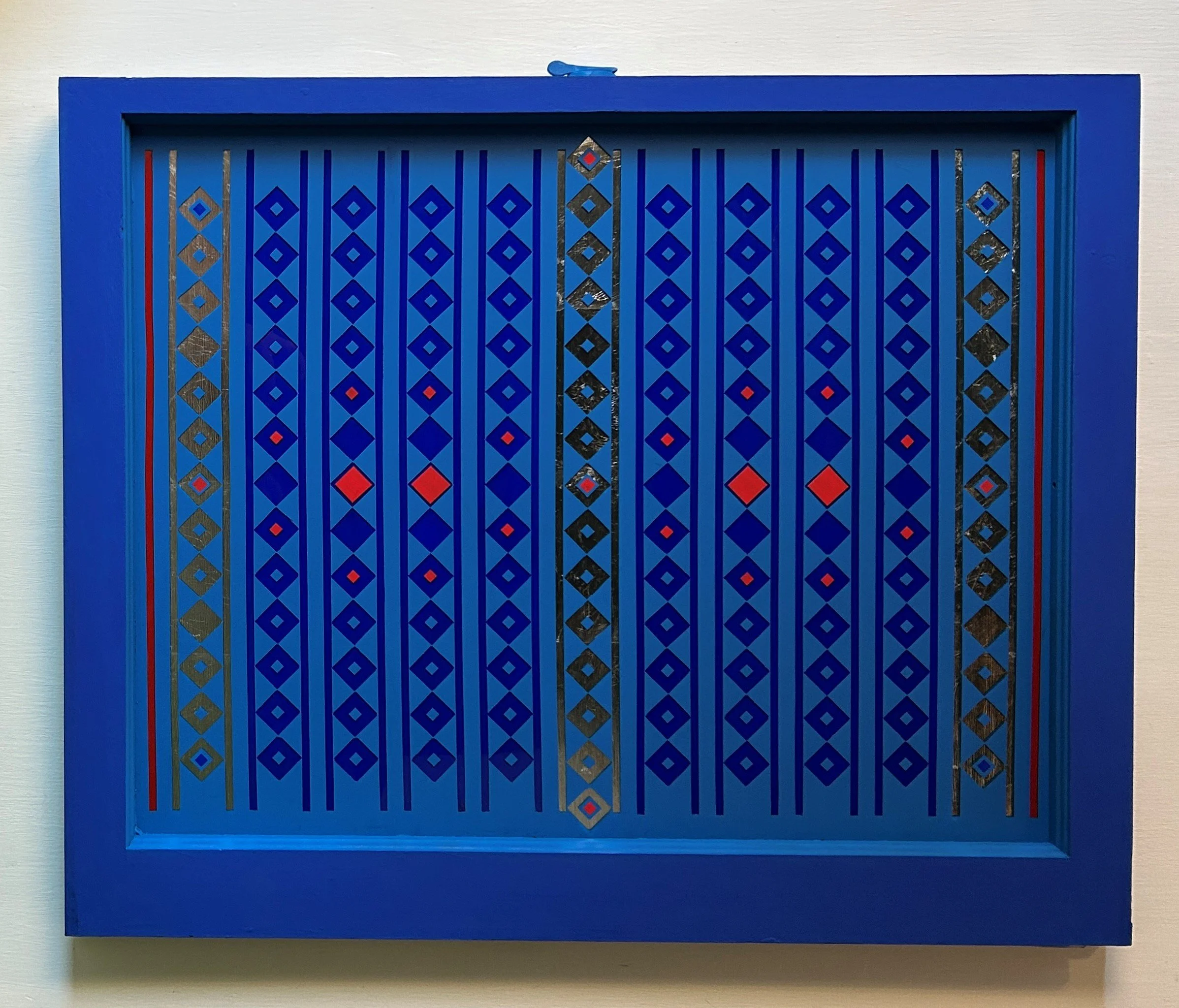 Nail Puller (2025)
   
Acrylic and silver leaf on reclaimed house window
(26" × 30") 