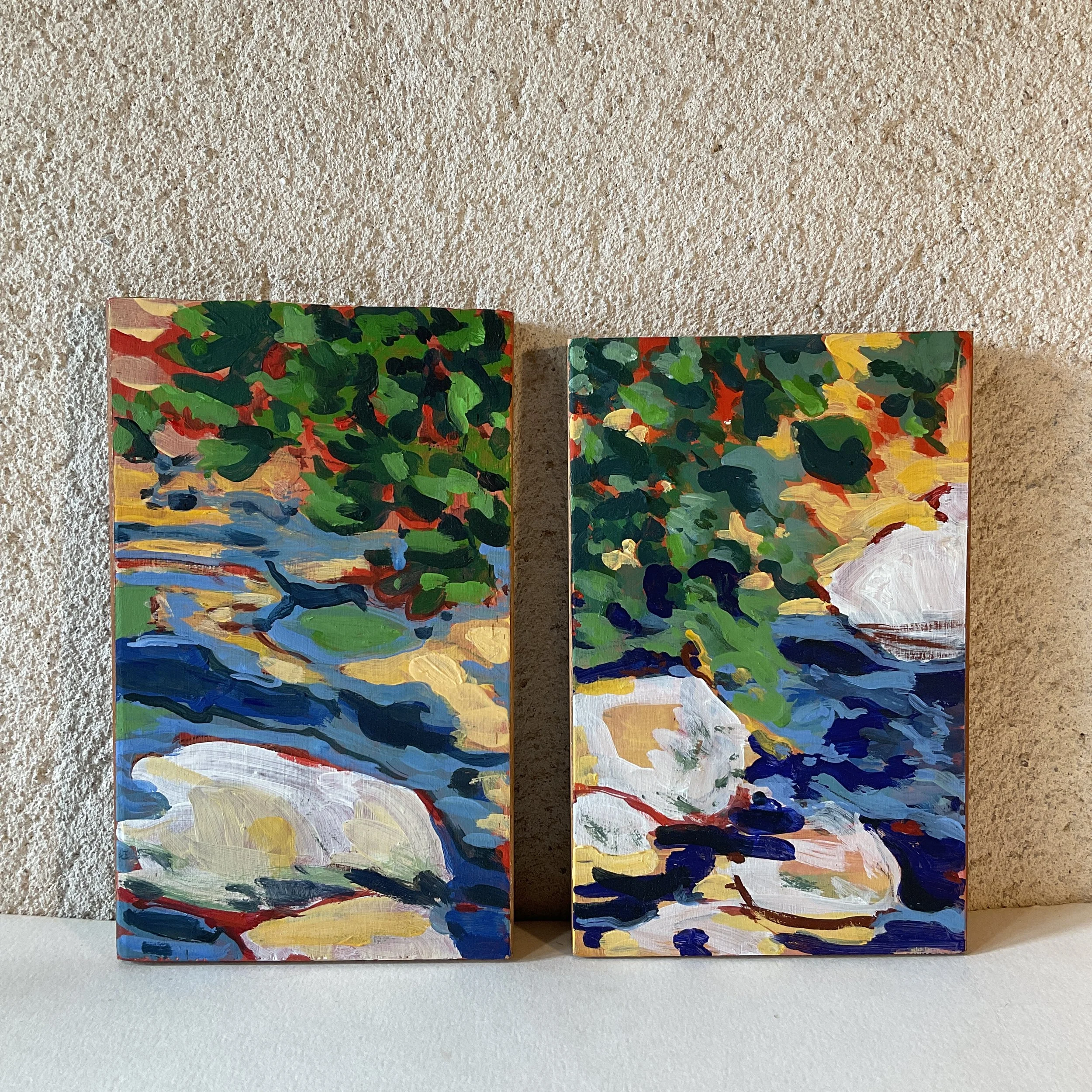 Deux vues, 2026, peinture acrylique sur panneaux bois, 14x23 et 14x24cm
