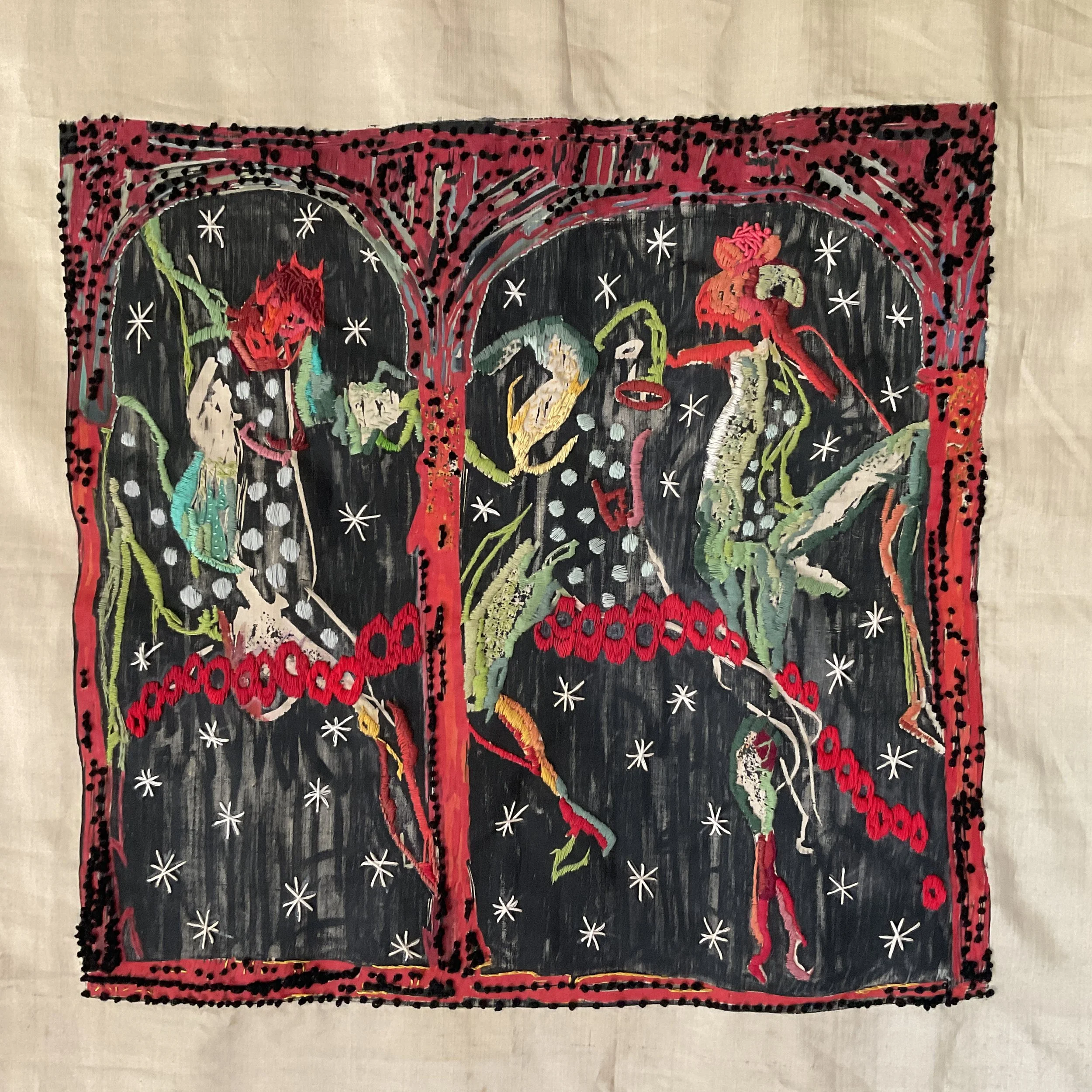        Sans titre, 2026, gravure sur bois imprimée sur une soie rehaussée de broderie, 46x43cm