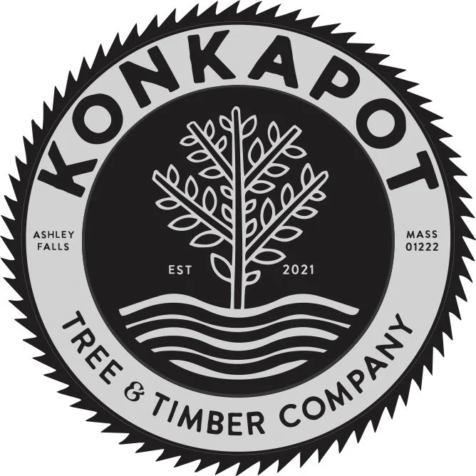 Logo of Konkapot Tree & Timber Company featuring a stylized tree with multiple branches and leaves, encircled by the company name, location, and establishment year.