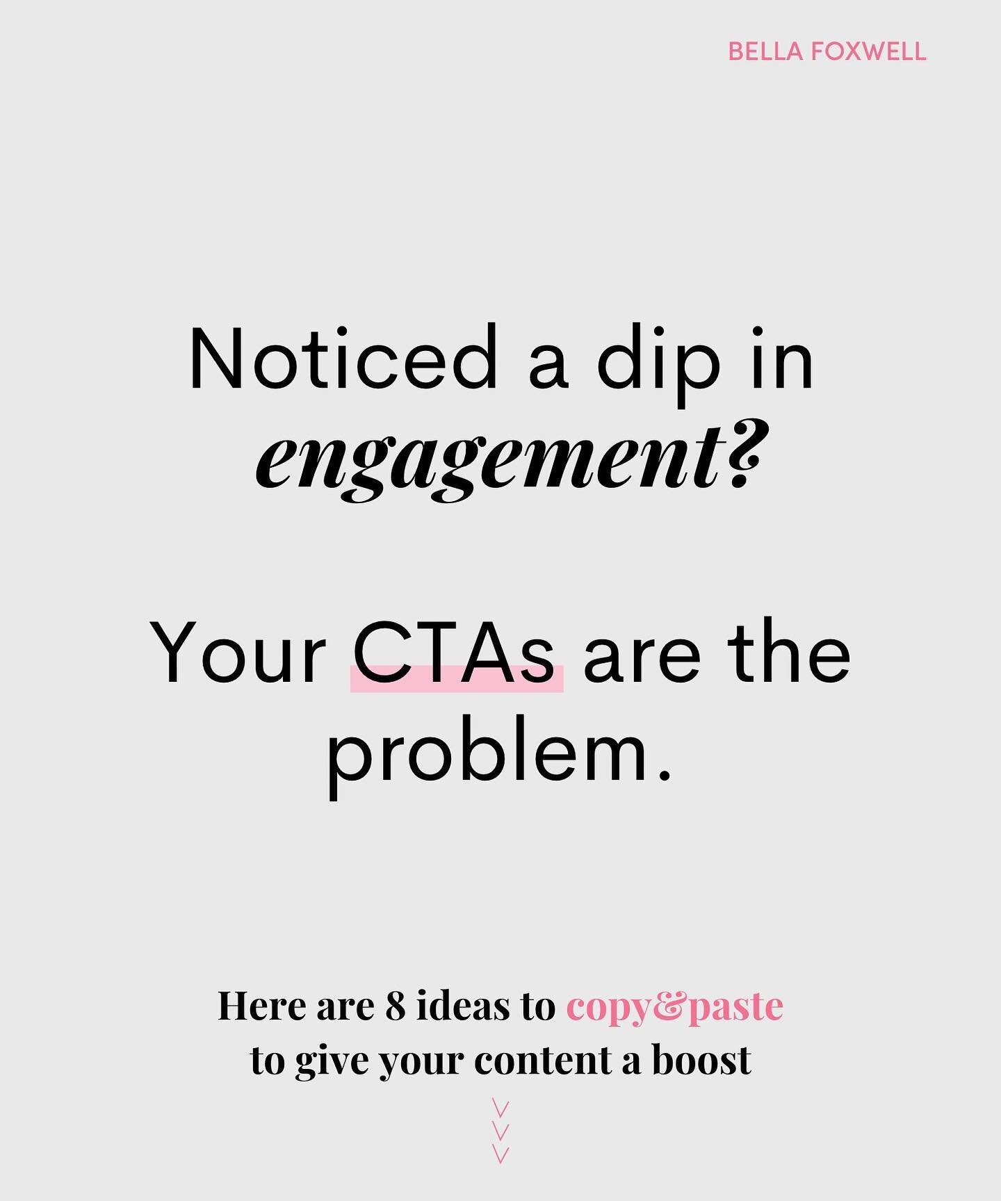 8 CTAs 👇👇👇

CTAs don&rsquo;t have to be all about selling or directing your audience to your 'link in bio'.

In fact, it's *best* to ask for engagement ON your content instead of sending people AWAY all the time.

So, here are 8 CTAs to use in you