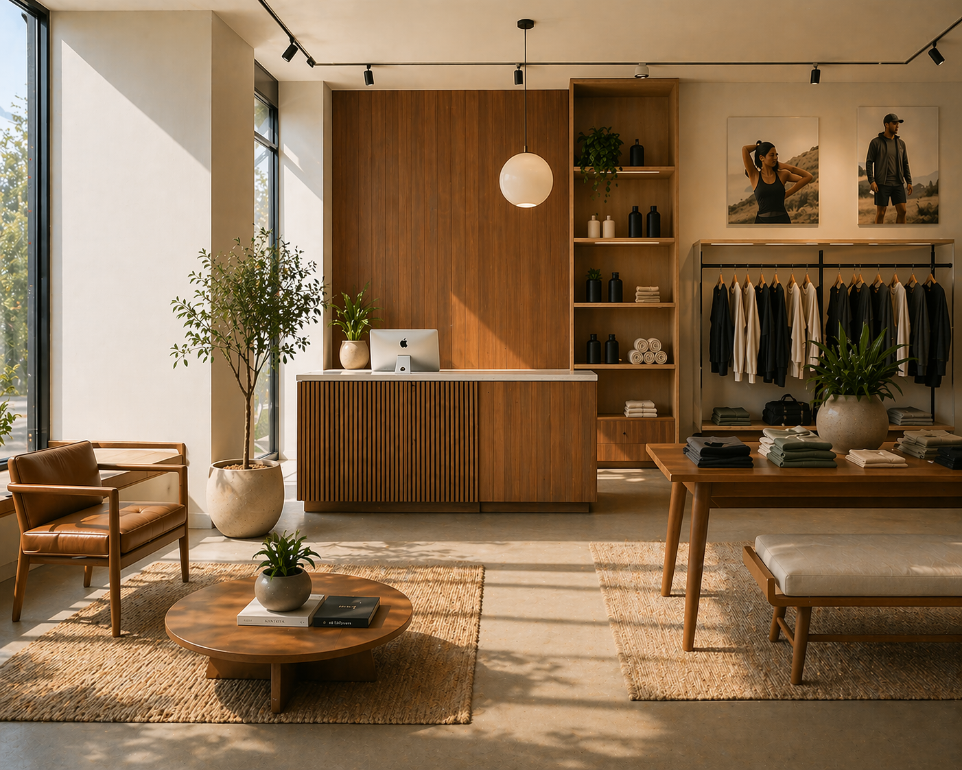 Modern retail store or boutique with wooden furnishings, clothing racks, potted plants, and artwork, bathed in natural sunlight.
