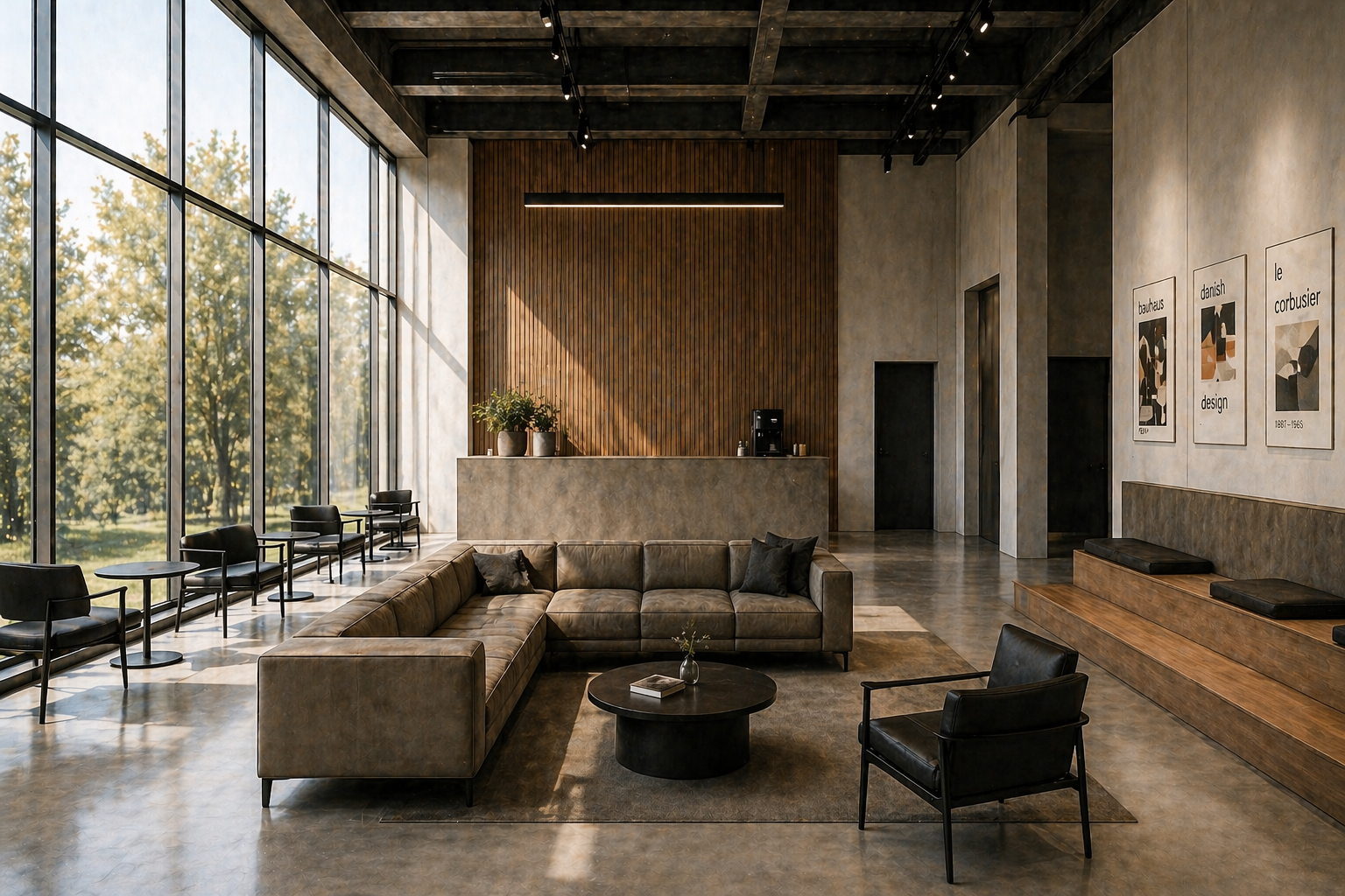 Modern lobby with large windows showing trees outside, featuring a brown sectional sofa, black armchair, round black coffee table, and artwork on the wall that reads 'bauhaus design,' 'danish,' and 'le corbusier.'