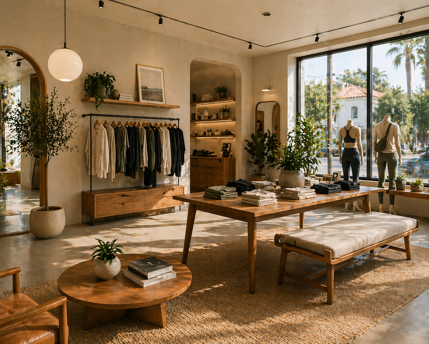 Interior of a boutique clothing store with wooden furniture, mannequins, potted plants, and large glass windows revealing a street view with palm trees.