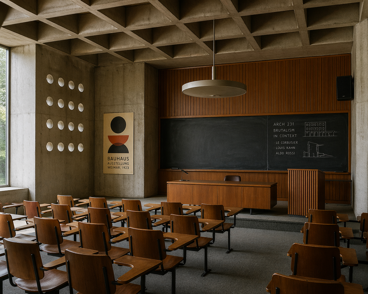 Empty classroom with wooden chairs facing a blackboard and a wooden teacher's desk, modern concrete walls, large window, geometric artwork, and a ceiling light fixture.