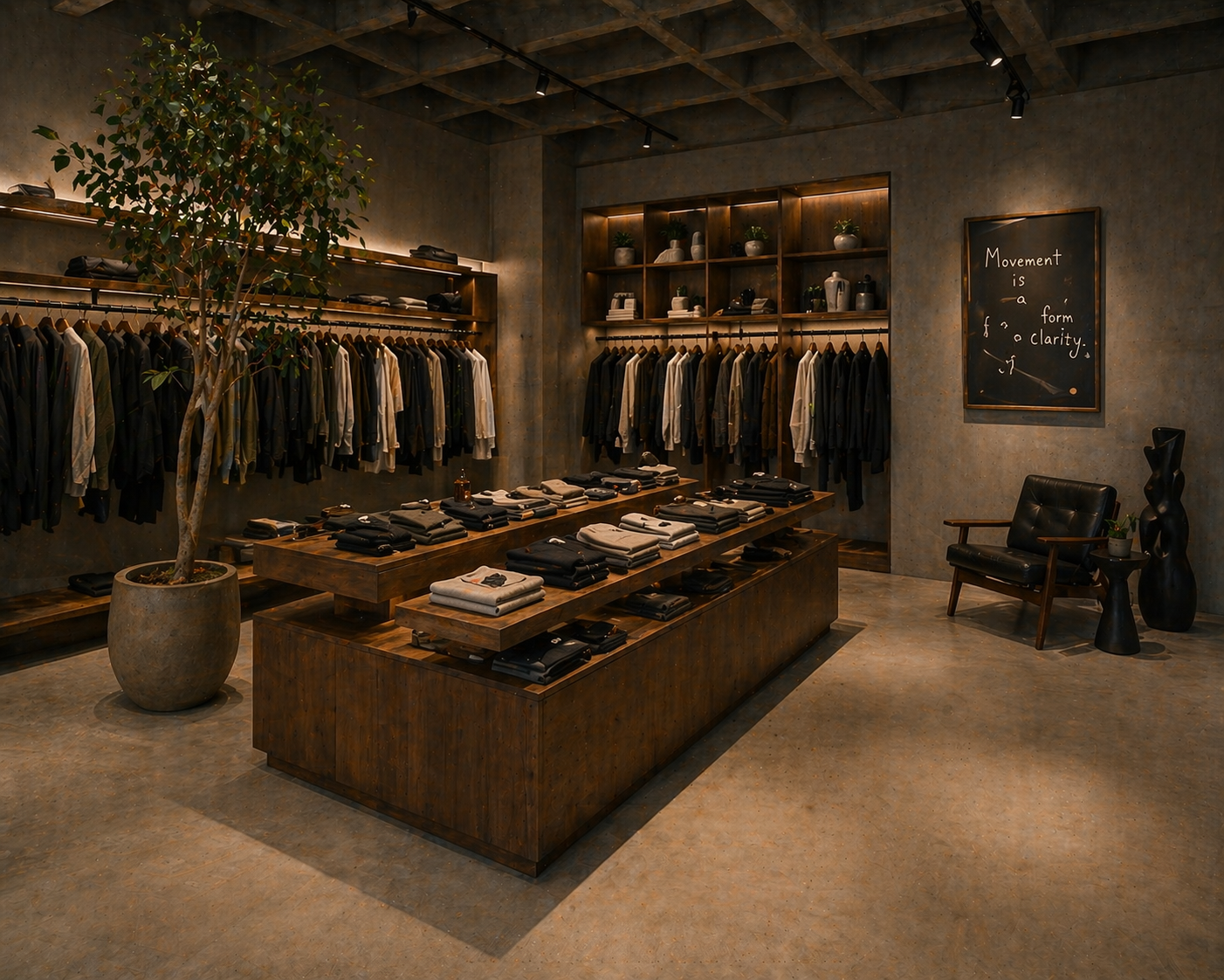 Interior of a modern clothing store with wooden racks and tables displaying folded clothes, a large potted plant, a black armchair, a black abstract sculpture, and a chalkboard with a motivational quote.