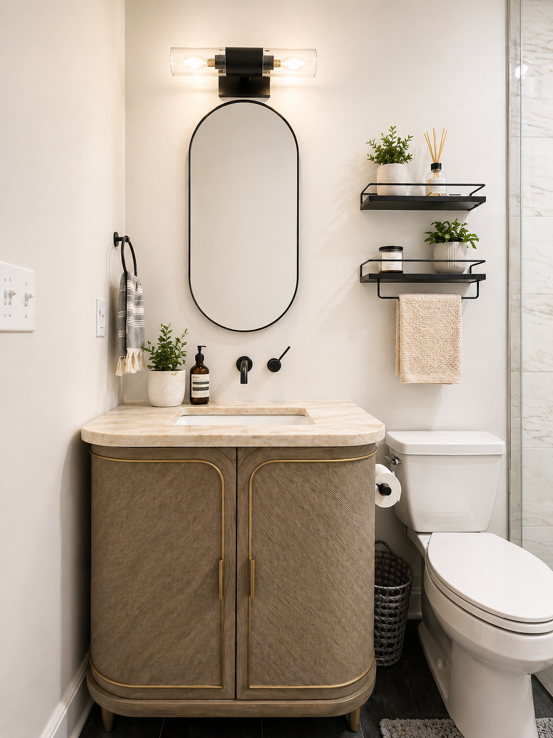 Modern bathroom with a wooden vanity, oval mirror, black wall-mounted shelves with plants and accessories, a towel hanging, and a white toilet.