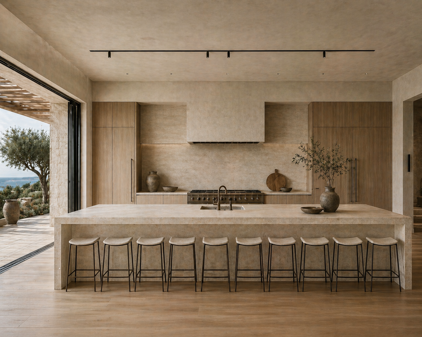 Modern kitchen with beige countertops and wooden cabinets, nine barstools at a large island, outside view of trees and a blue sky.