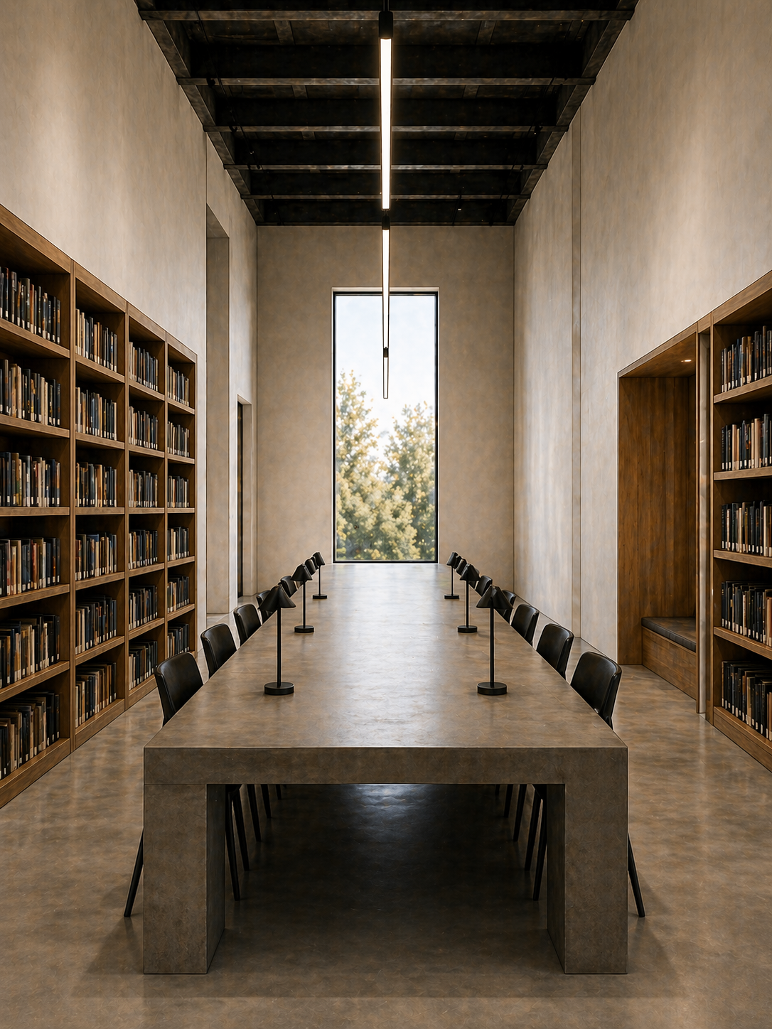 Modern library conference room with long table, black chairs, wall of bookshelves, large window with trees outside, and minimalist lighting.